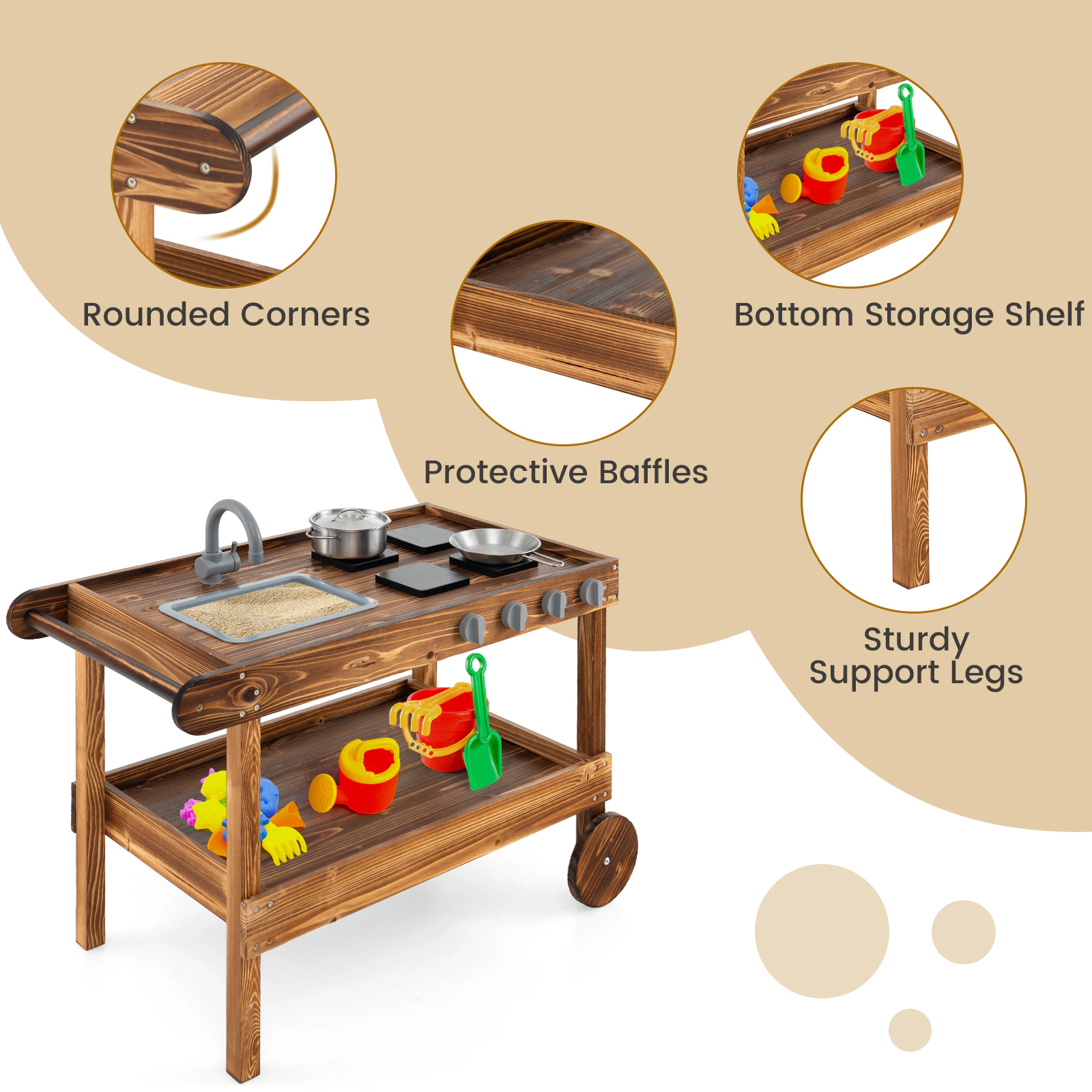 SUGIFT Movable Kids Wooden Mud Kitchen with Faucet Sink 4 Stoves 2 Rolling Wheels and Push Handle