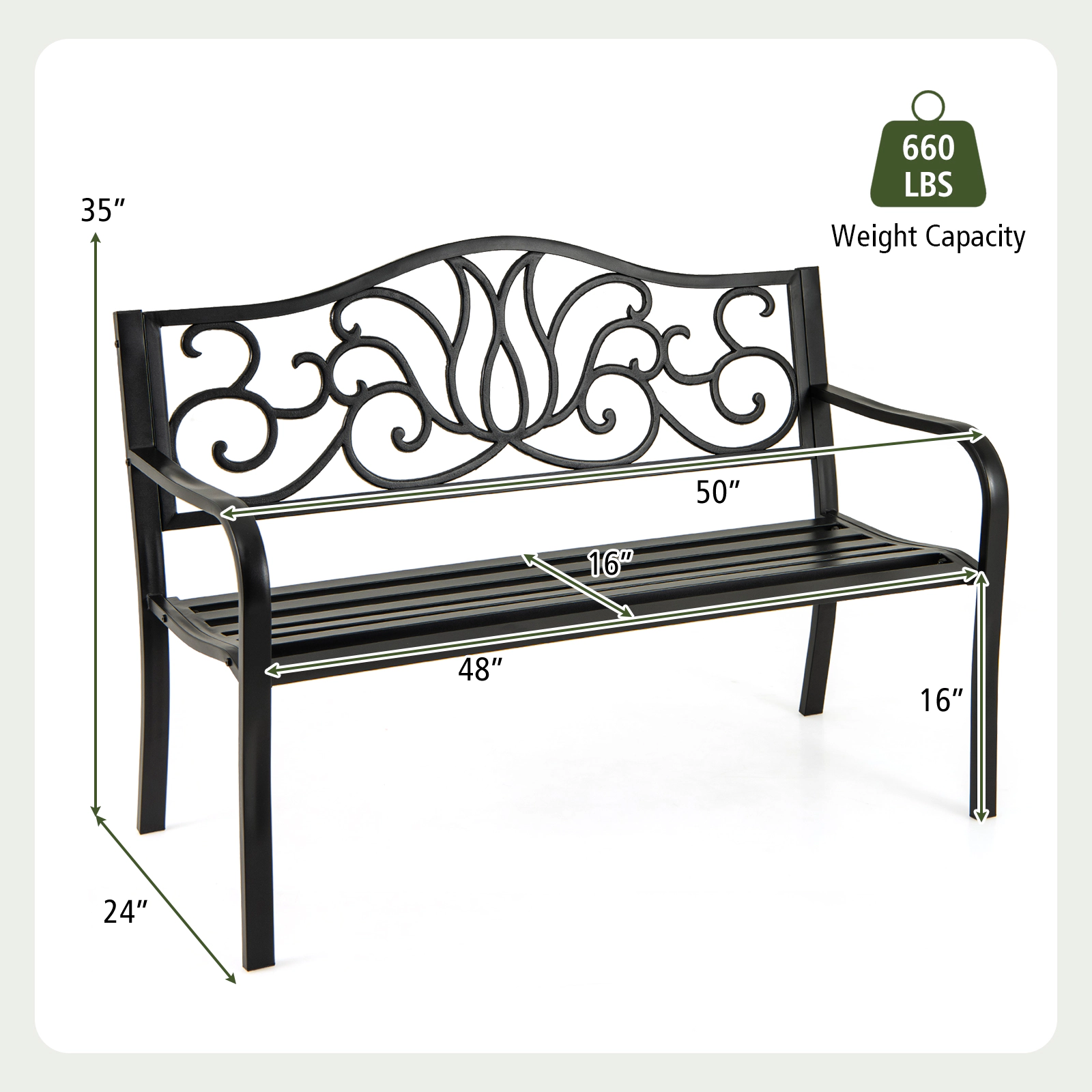 LJG 50 Inches Outdoor Garden Bench with Floral Design Backrest and Slatted Seat