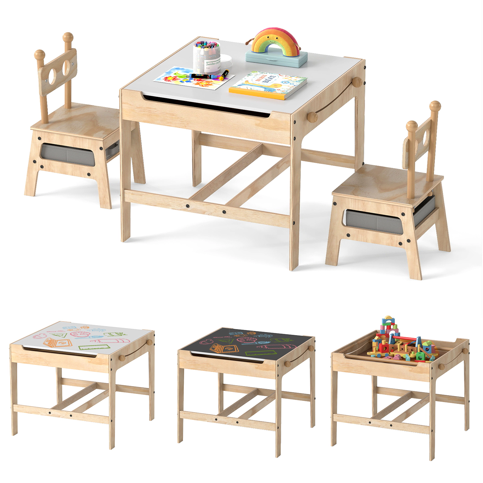SUGIFT Kids Table and 2 Chairs Set Natural Robot-Shaped with Reversible Whiteboard