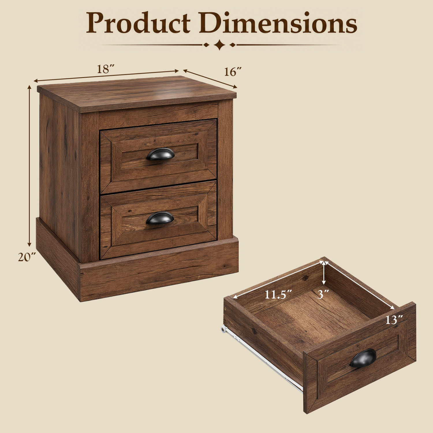 LJG Farmhouse Nightstand with 2 Drawers & Storage for Living Room Bedroom