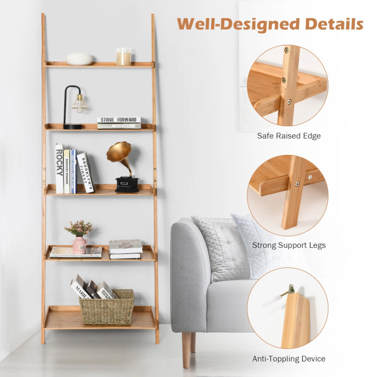 Hivvago 5-Tier Ladder Shelf Bamboo Bookshelf Wall-Leaning Storage Display Plant Stand