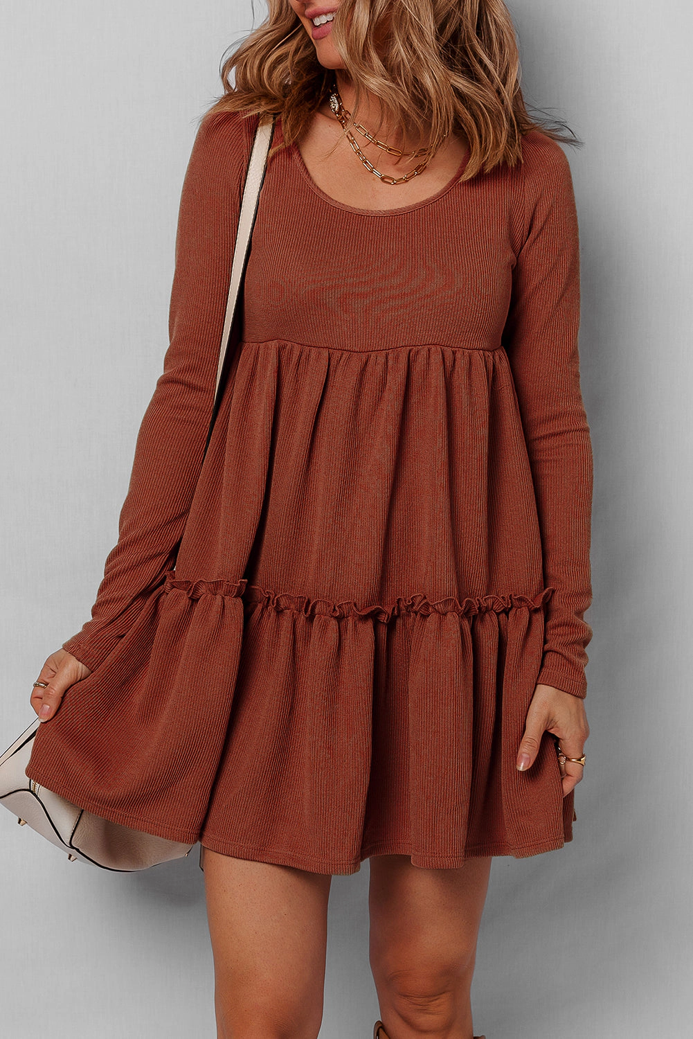 Threaded Pear Women's Everleigh Ribbed Frilled Trim High Waist Dress