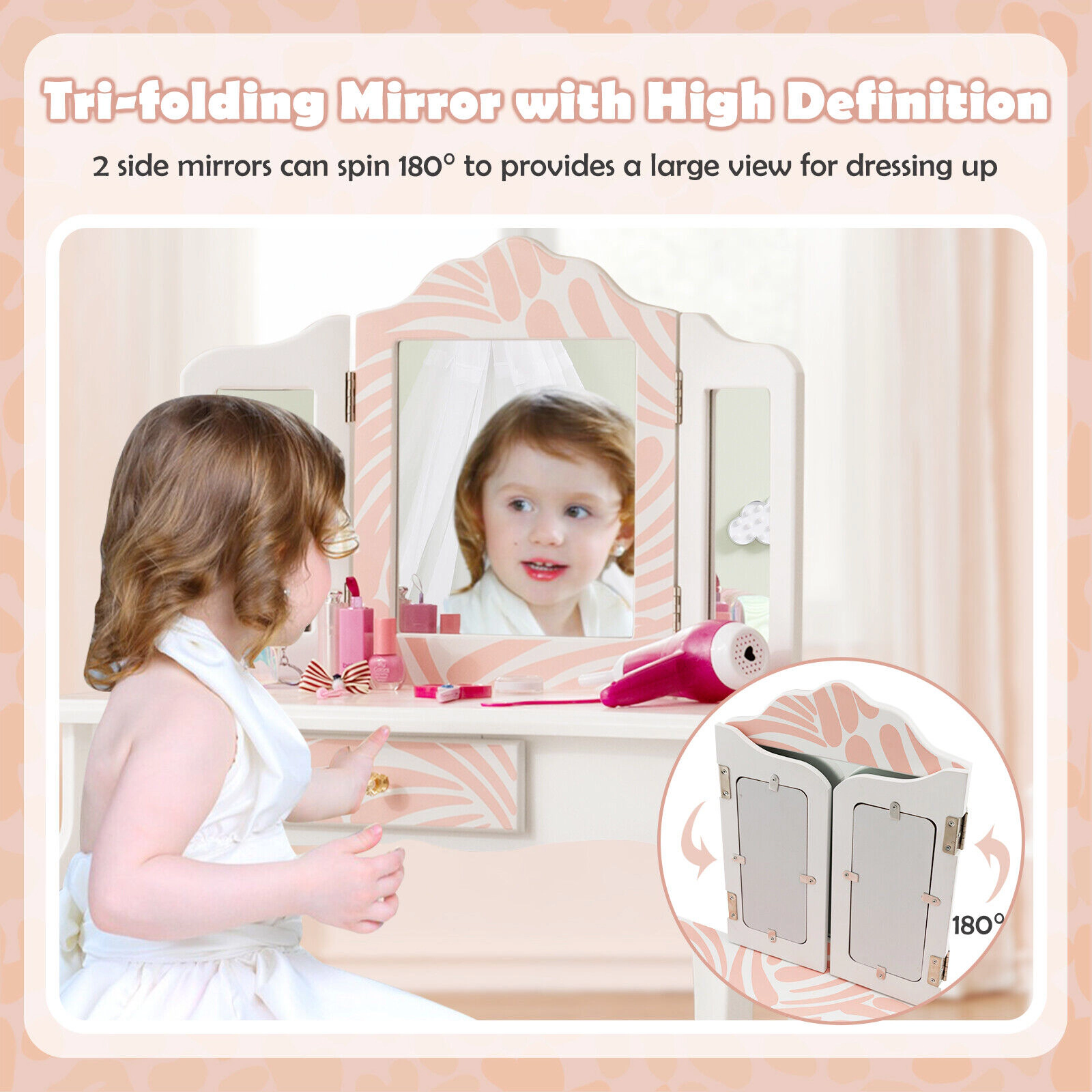 SUGIFT Pink Tri-Folding Mirror Large Drawer and Stool 2-in-1 Kids Vanity Table Set