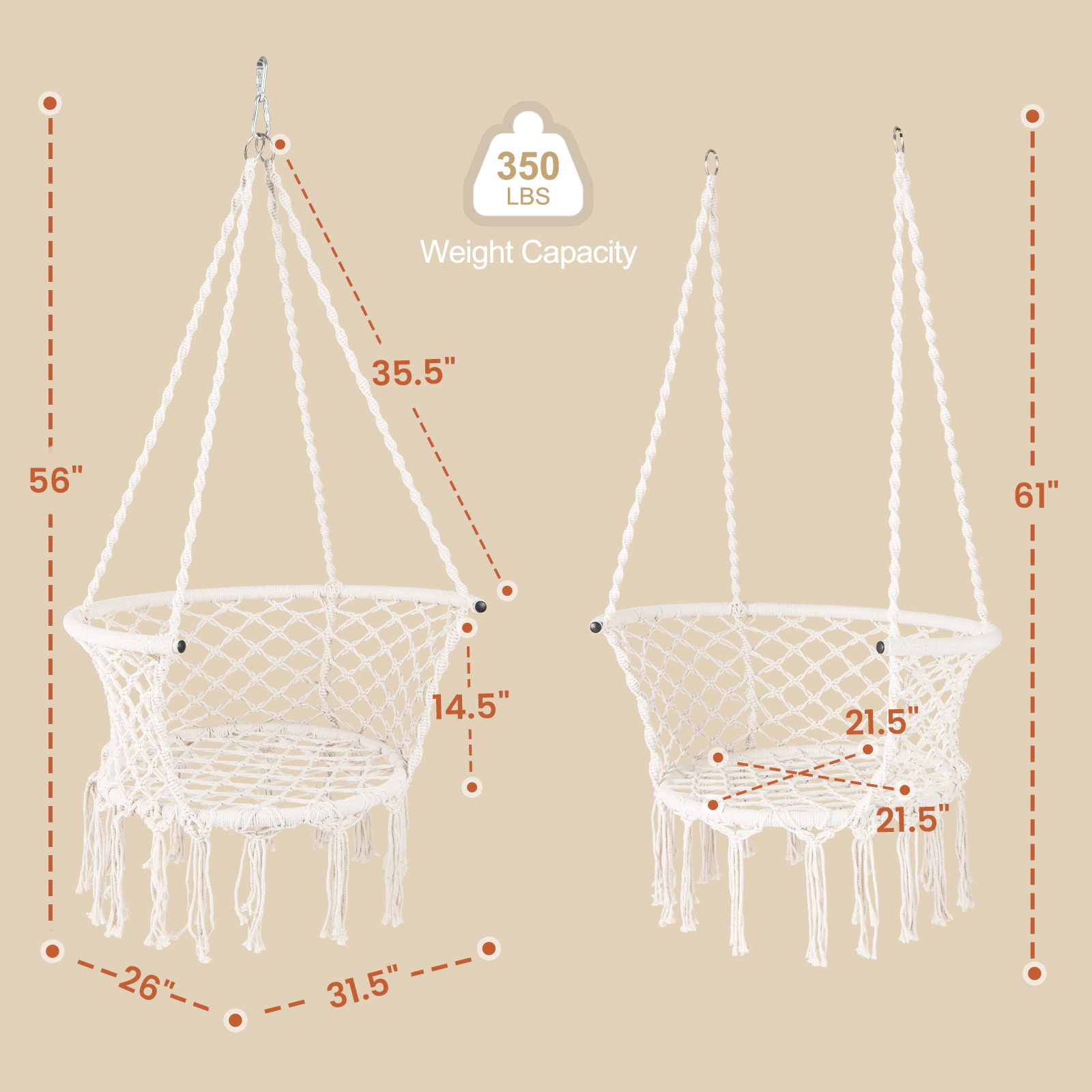 LJG Hammock Chair Macrame Swing Hanging Cotton Rope Chair