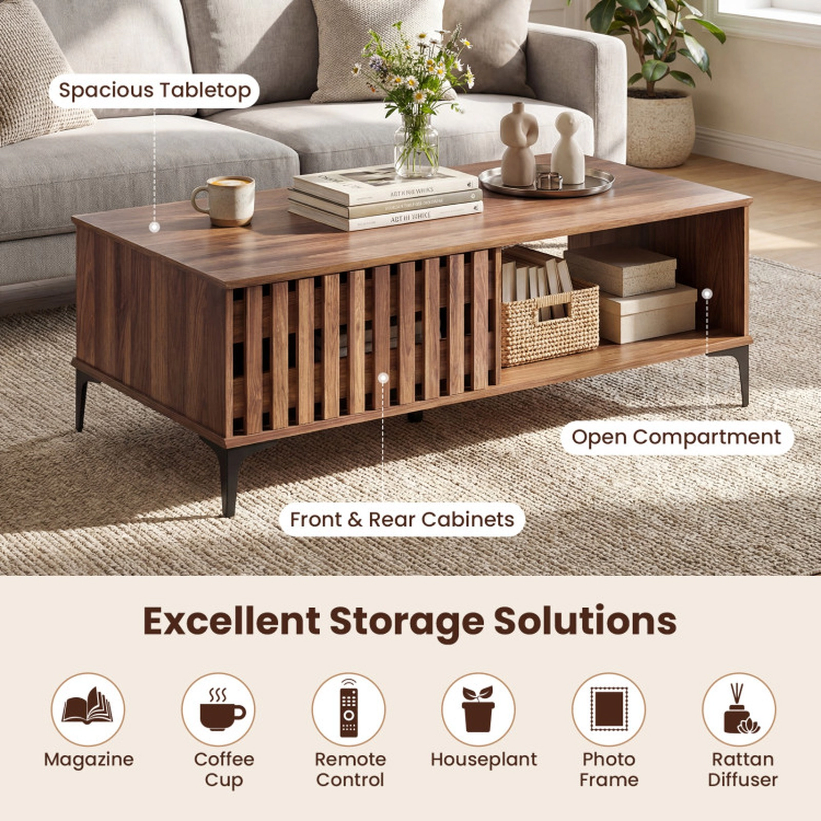 SUGIFT Front Rear Cabinets Open Shelf 5 Metal Legs Coffee Table 47-in x 23.6-in x 15.4-in 187-lb Capacity Walnut