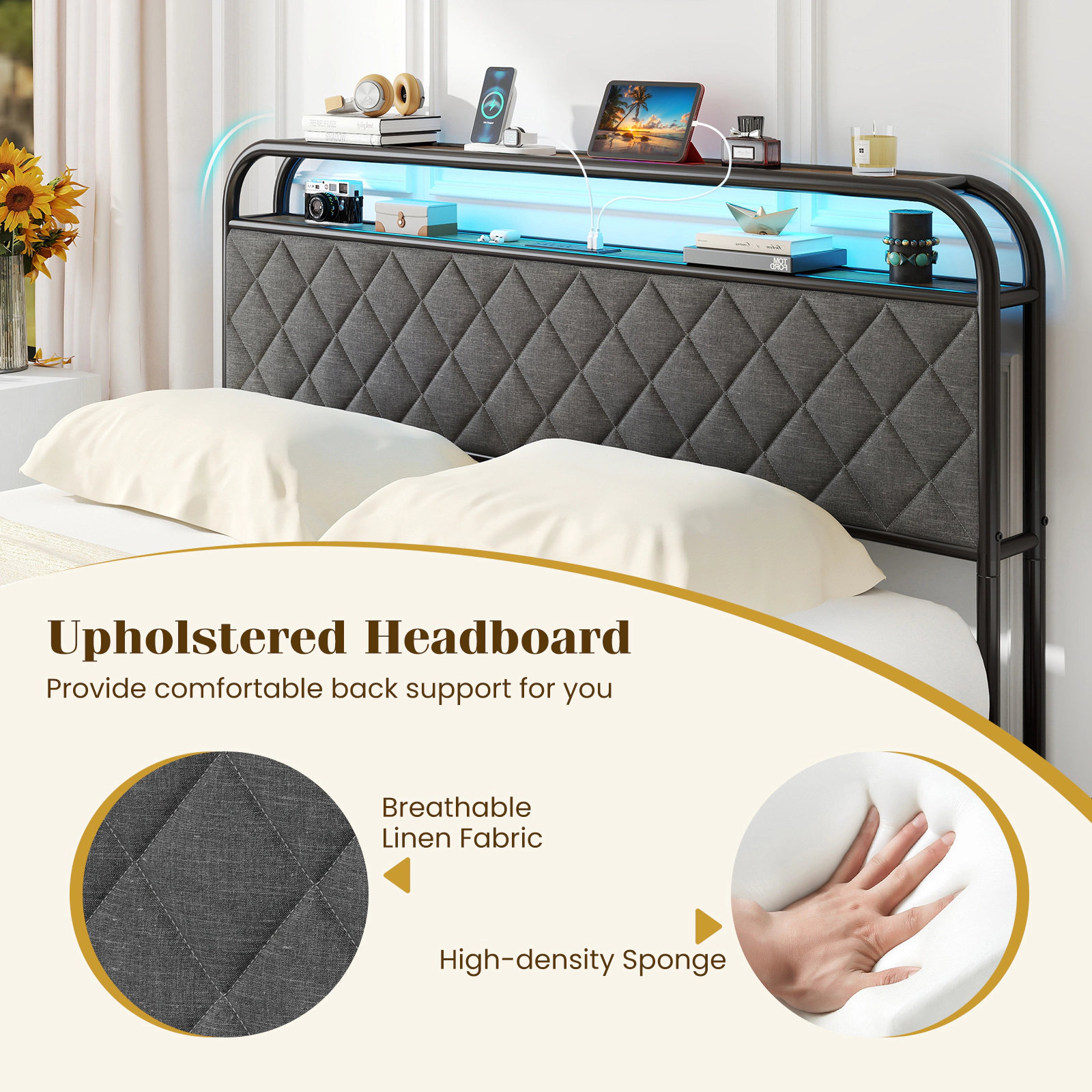 SUGIFT Queen Platform Bed Frame with LED Lights, Charging Station, 4 Storage Drawers, Bookcase Headboard, Black
