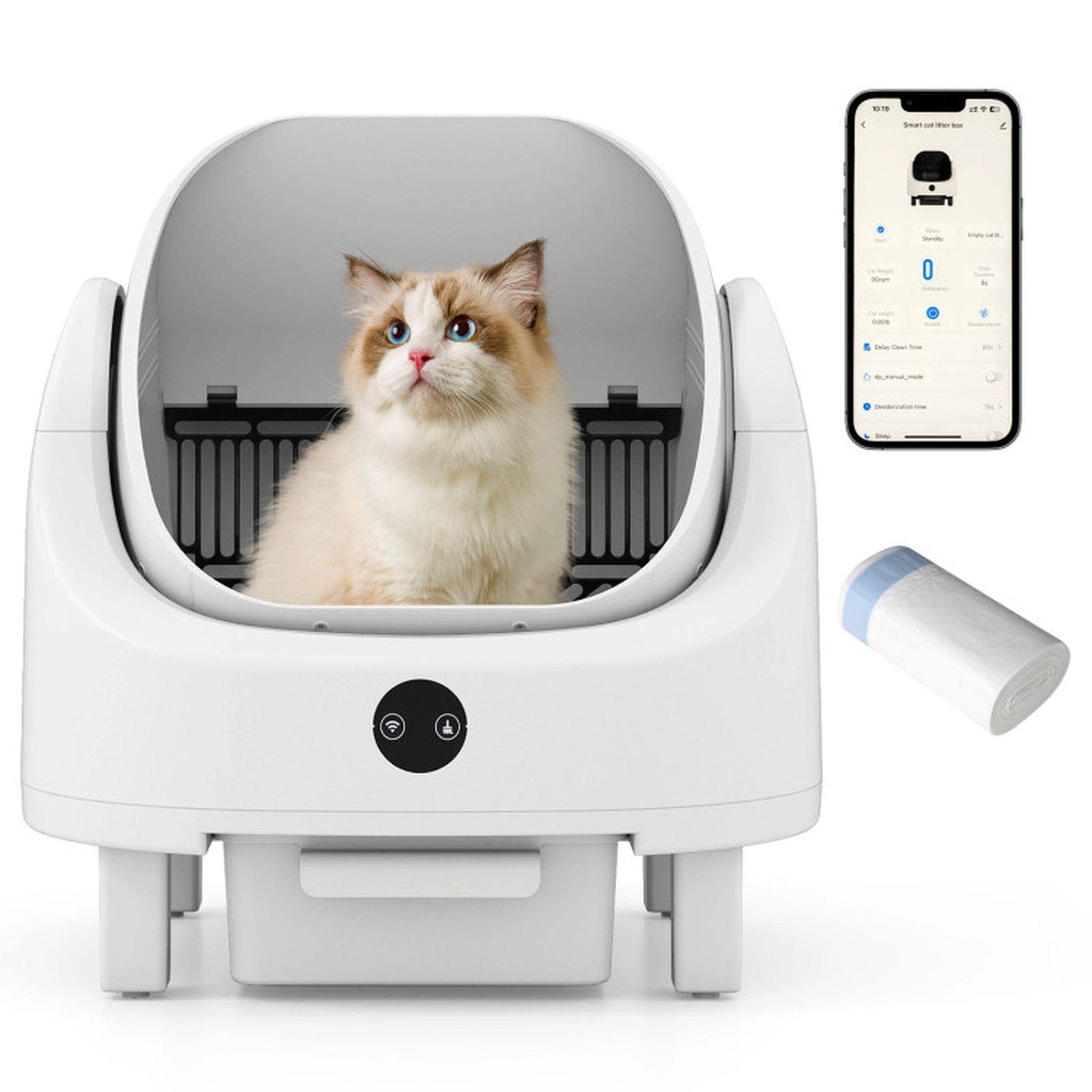 SUGIFT Open-Top Self-Cleaning Cat Litter Box with APP Control 3.5-24 lb Cats 2 Gal Waste Bin White