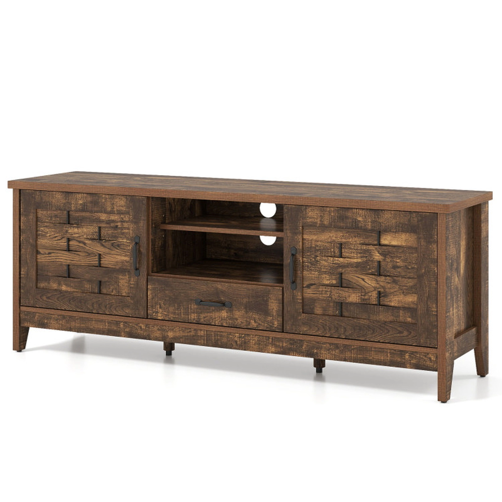 SUGIFT Rustic Brown Farmhouse TV Stand for TVs up to 65 in, Woven Doors, Drawer and Adjustable Shelves