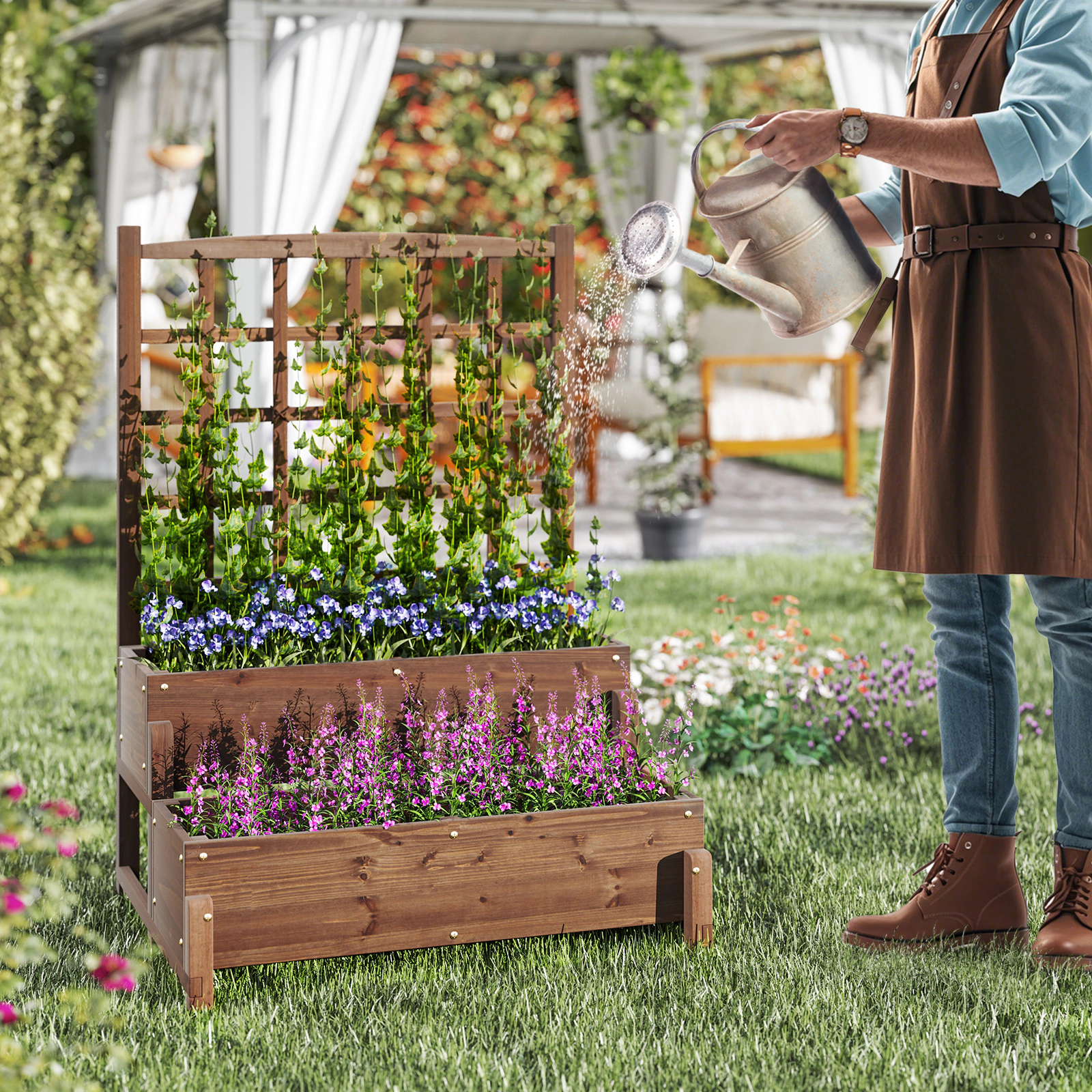 SlickBlue 2 Tier Wooden Garden Planter Box for Flowers Vegetables Herbs