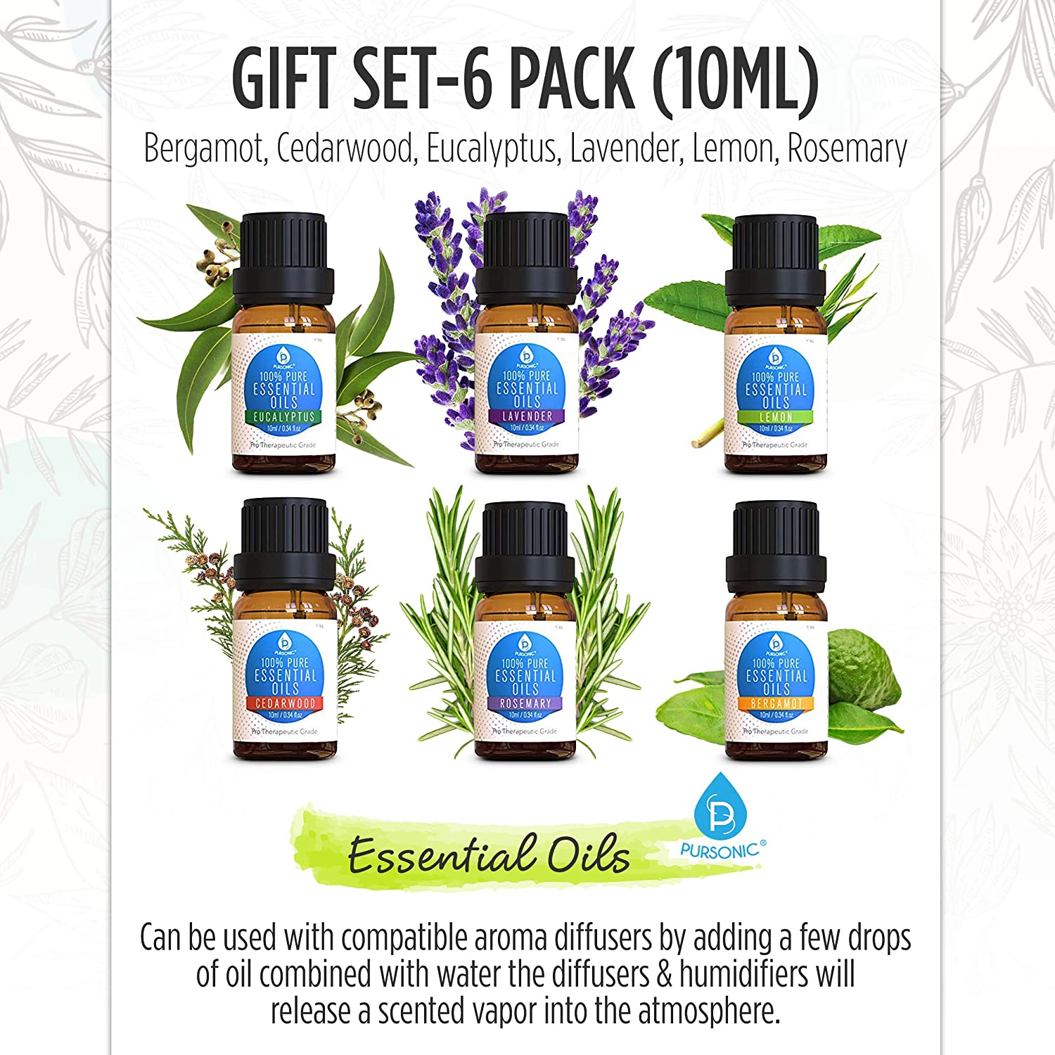Pursonic Unisex 100% Pure Aromatherapy Essential Oils Gift Set – 6 Pack