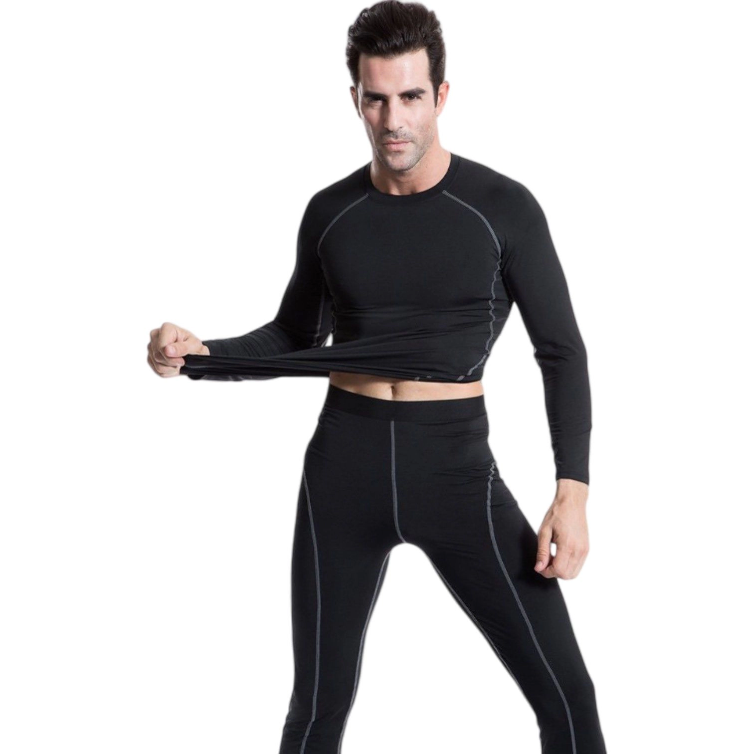 Anna-Kaci Men's Long Sleeve Compression Training Shirt with Crew Neck and Contrast Stitching Detail