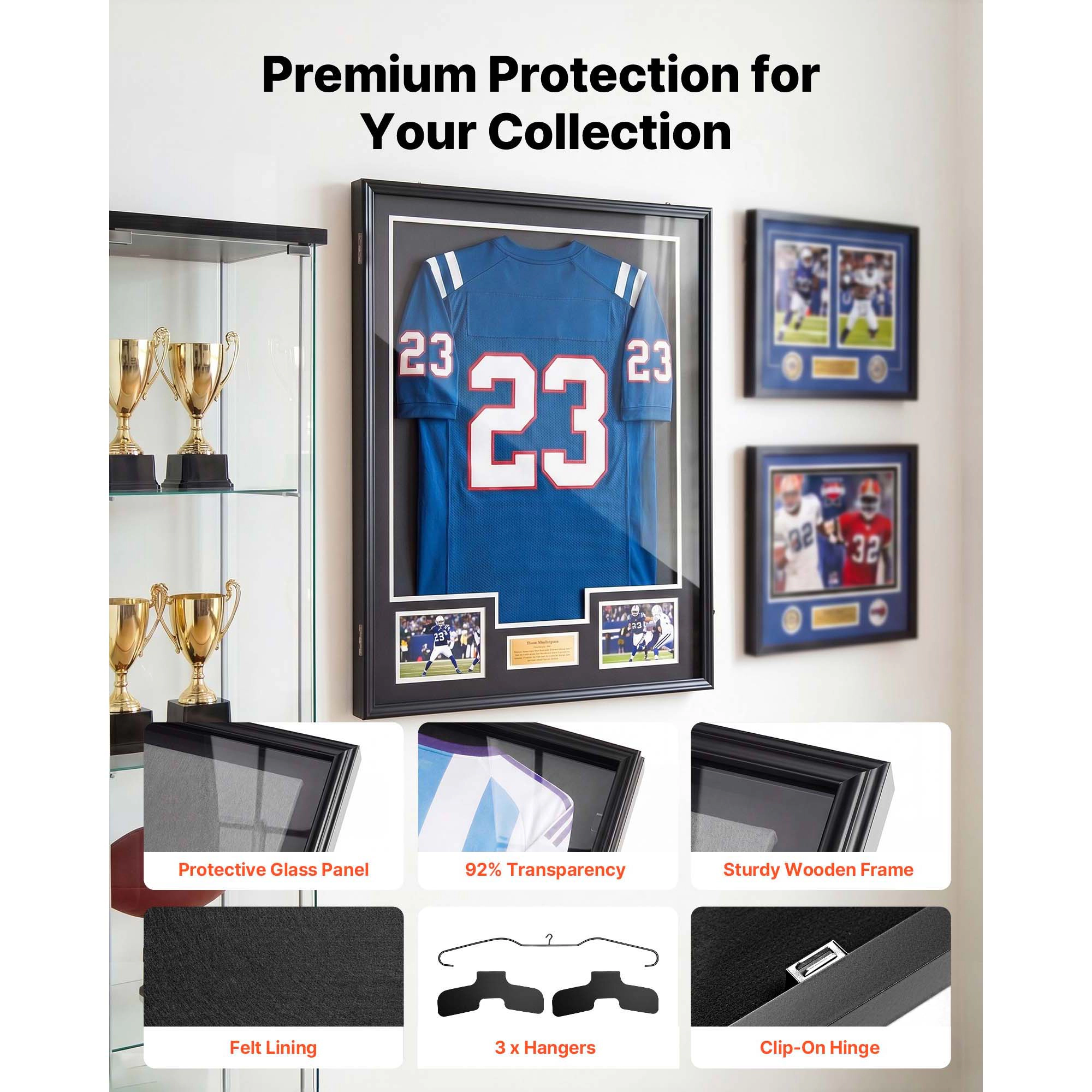HONGGE Wooden Sports Jersey Shadow Box, 36.4 x 28.3 x 1.5 in, Magnetic-Lock Display Case with UV-Protected PC Panel