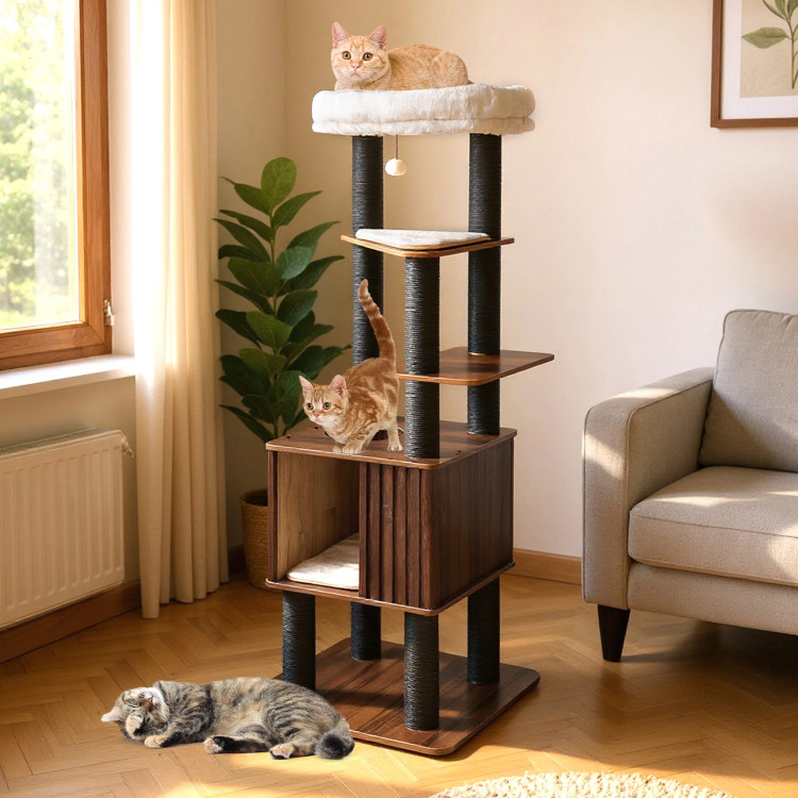 SUGIFT 64 in Wooden Cat Tower Brown 6-Level Cat Tree with Padded Top Perch and Condo