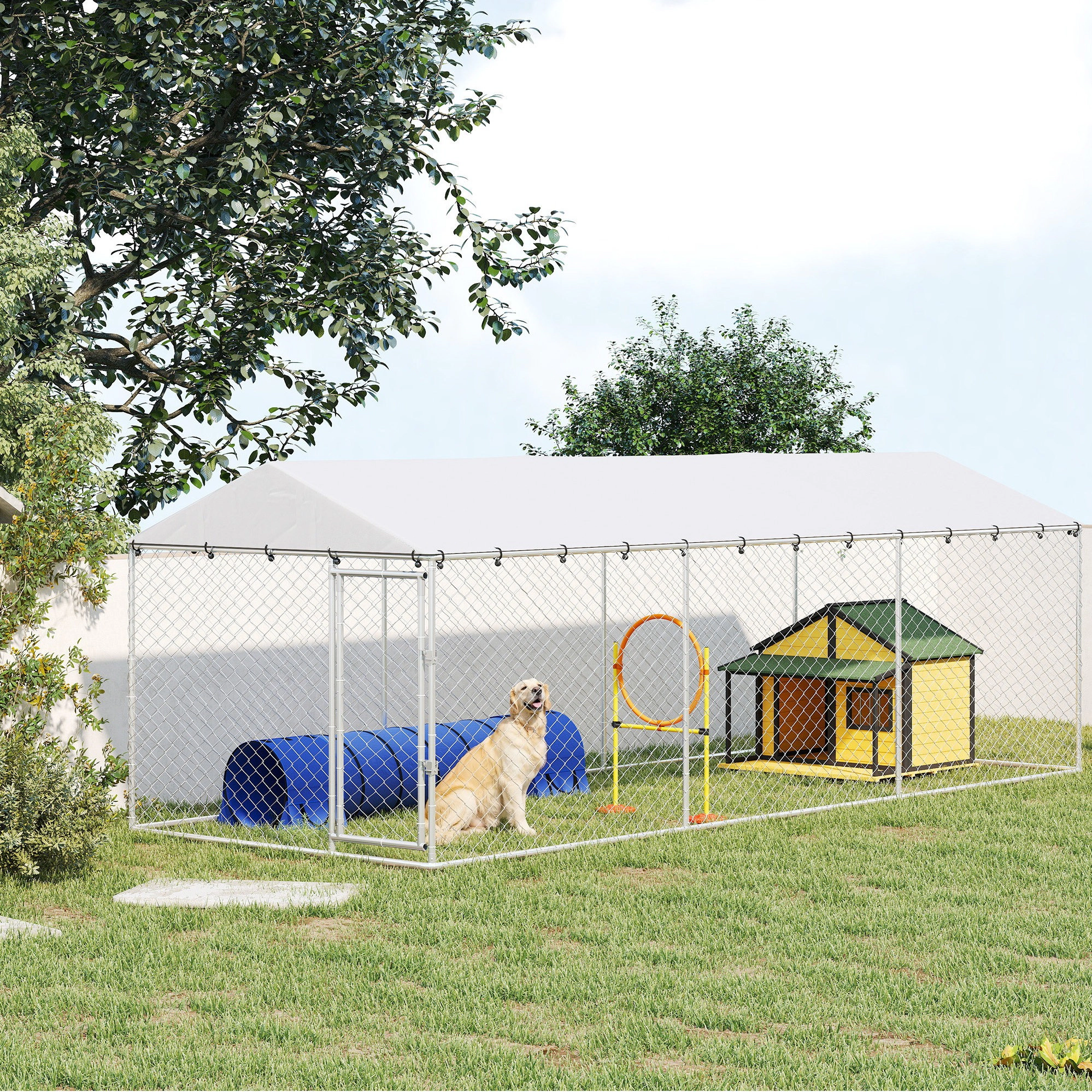 HONGGE Dog Kennel Outdoor for Small Medium Large Dogs with Waterproof Roof, Silver