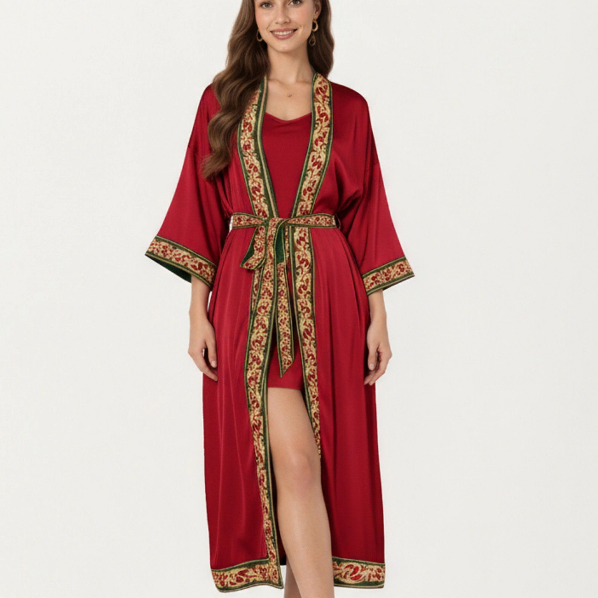 Anna-Kaci Women's Satin Long Robe with Embroidered Trim and Wide Sleeves