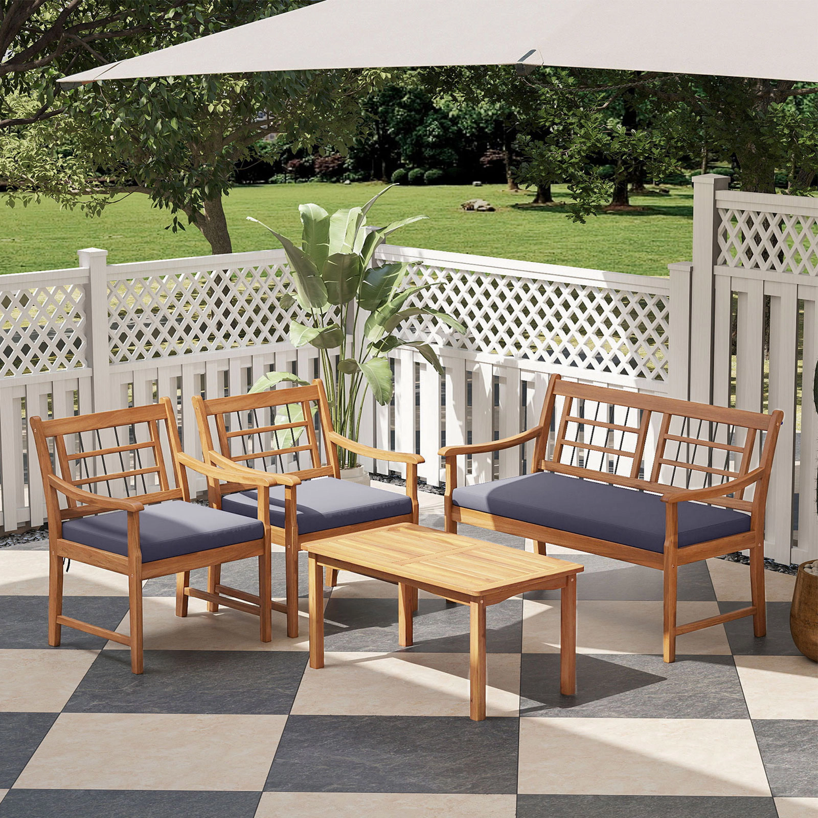 LJG 4 Piece Wood Patio Furniture with Armchairs Loveseat and Coffee Table