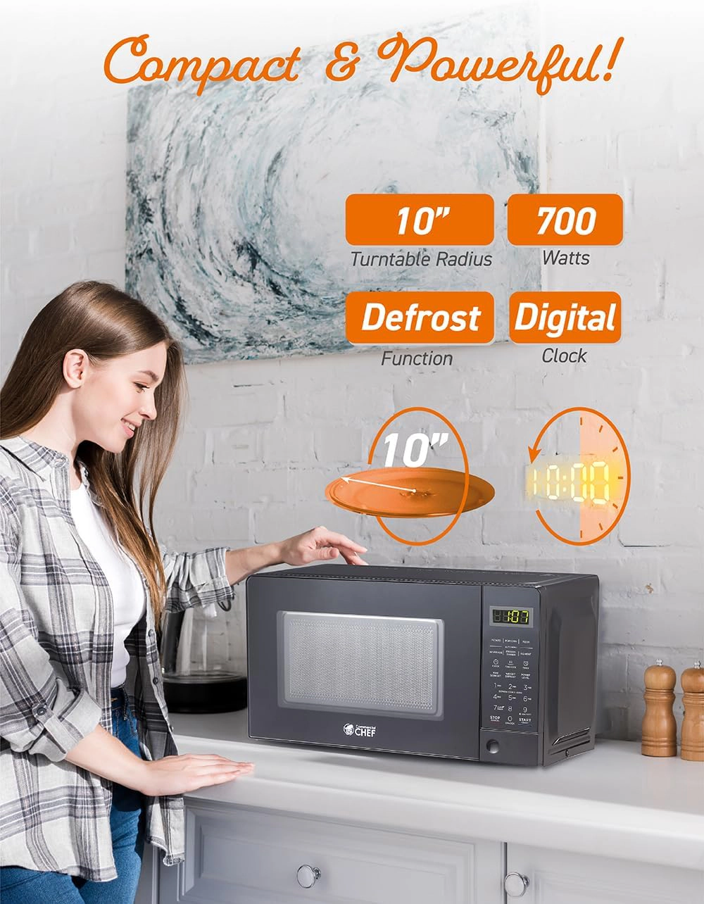 Commercial Chef Countertop Microwave Oven, 0.7 cu. ft., 700W, Push-Button