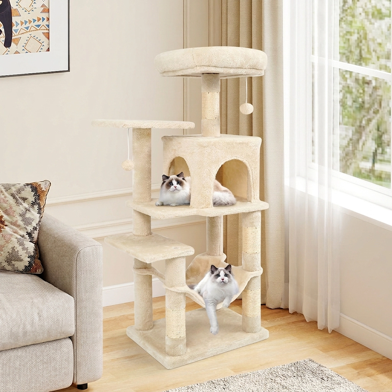 SUGIFT 44-in Beige Narrow Cat Tree Tower with 2-Door Condo Plush Hammock and Padded Top Perch for Small Spaces