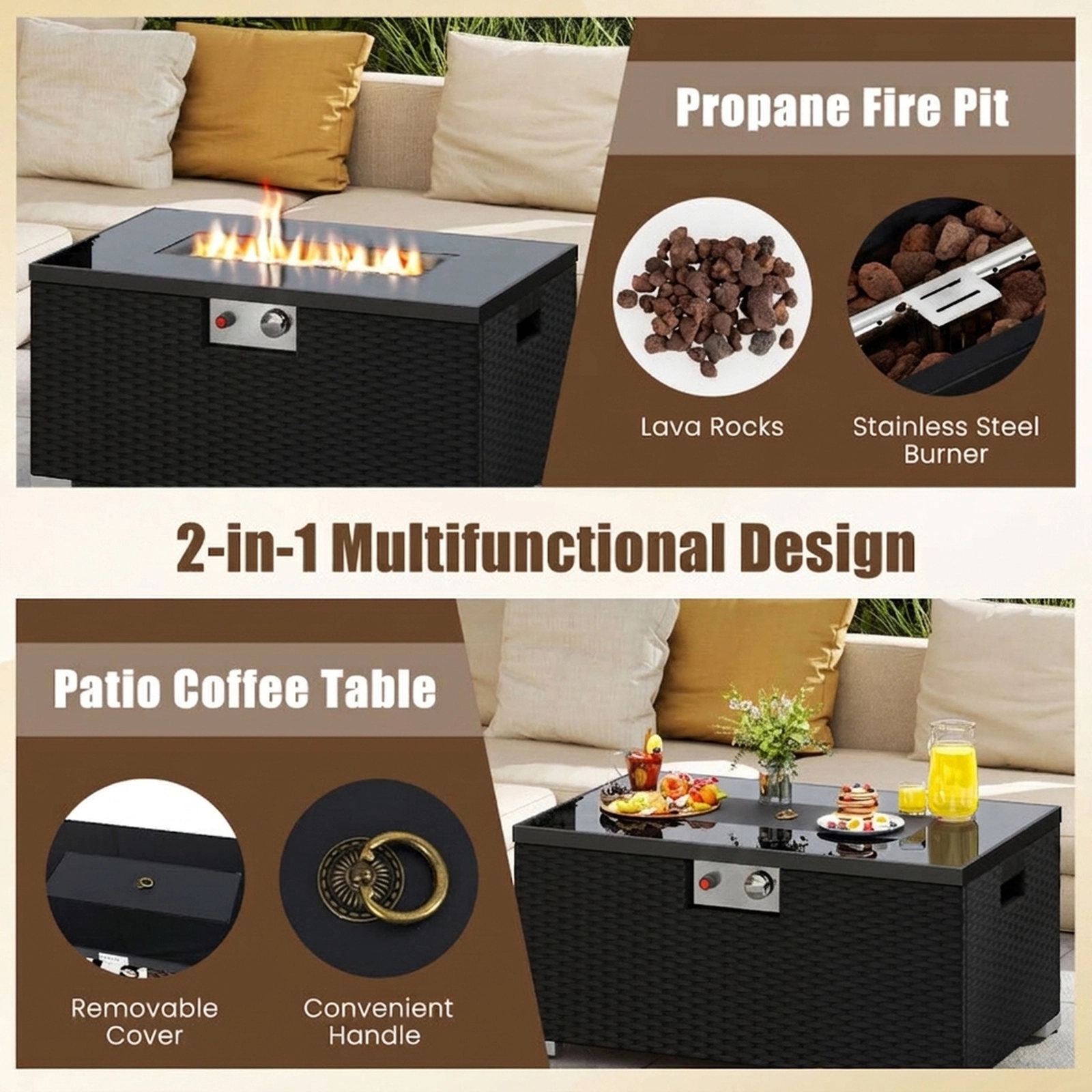 SUGIFT 2-Piece Rattan Gas Fire Pit Table Set 32-in Rectangle 265-lb Capacity with Tank Cover Black Tempered Glass Top