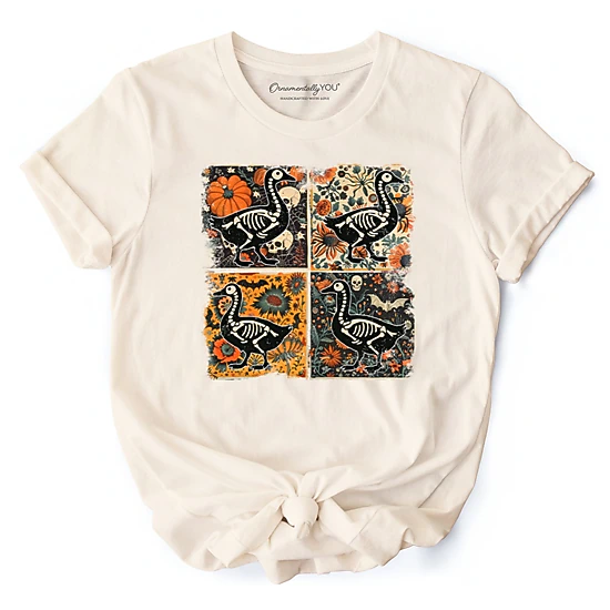 OrnamentallyYou Unisex Skeleton Goose Patchwork Floral Halloween T-Shirt