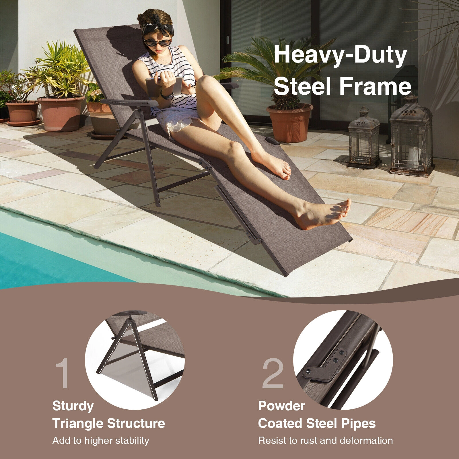 SUGIFT Set of 2 Folding Chaise Lounge Chairs, 5 Backrest Angles, 2-Position Footrests, Brown