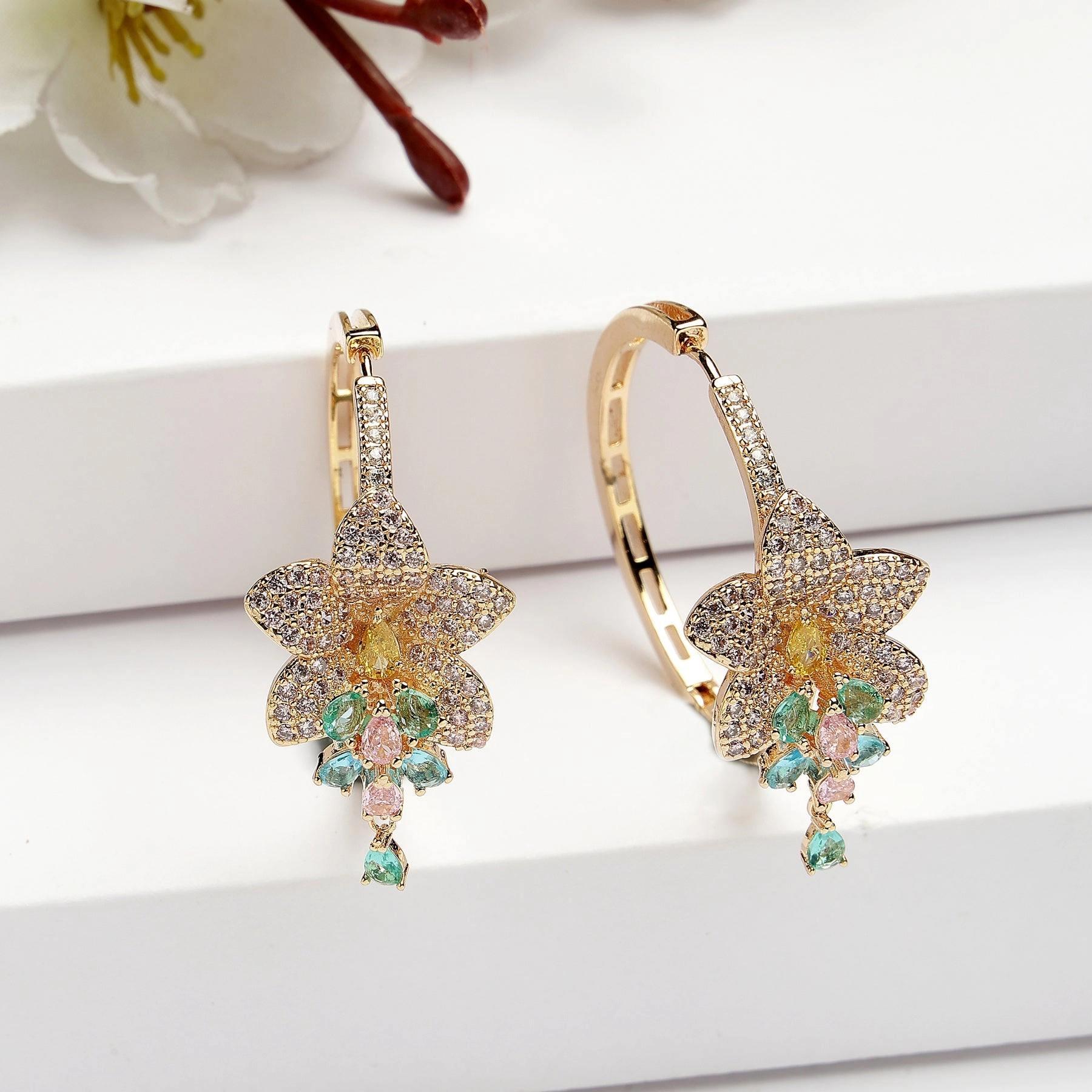 AGP PARIS Womens Diva Collection Hibiscus Zirconia Hoop Earrings