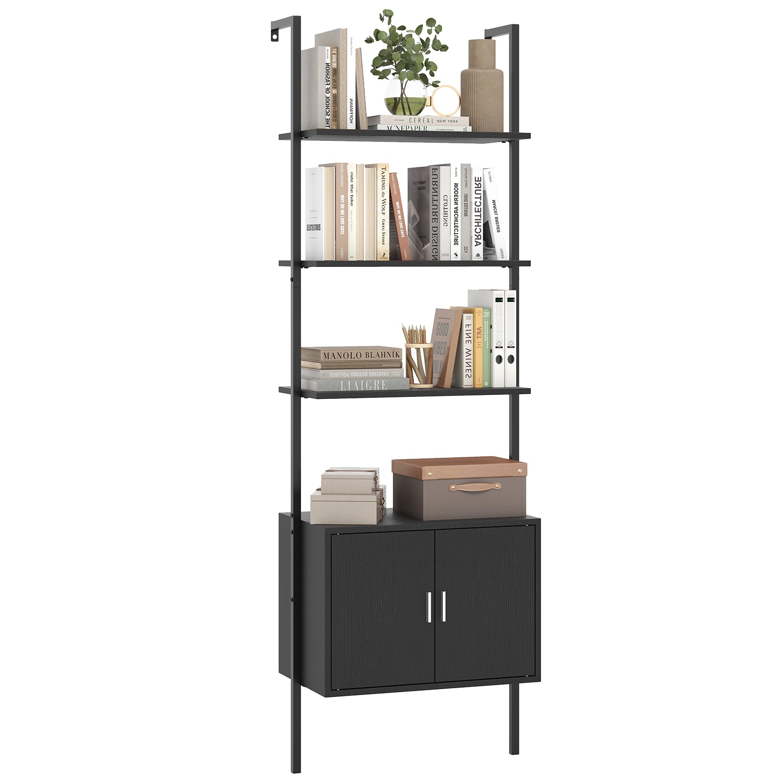 SUGIFT 5-Tier Black 72.5-in Tall Metal Frame Bookshelf with Cabinet Magnetic Doors and Anti-Tipping Kits