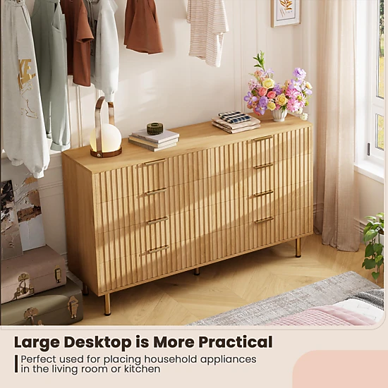 Fluted 8 Drawer Modern Dresser, 55" Wide Wooden Storage Organizer for Bedroom Living Room Hallway