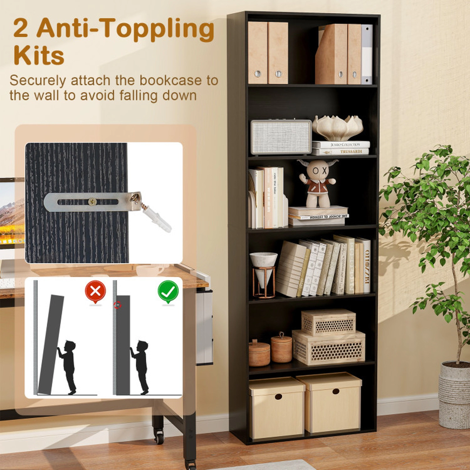 SUGIFT 6-Tier Bookcase with 6 Open Shelves 200-lb Total Capacity Anti-Toppling Kits Black