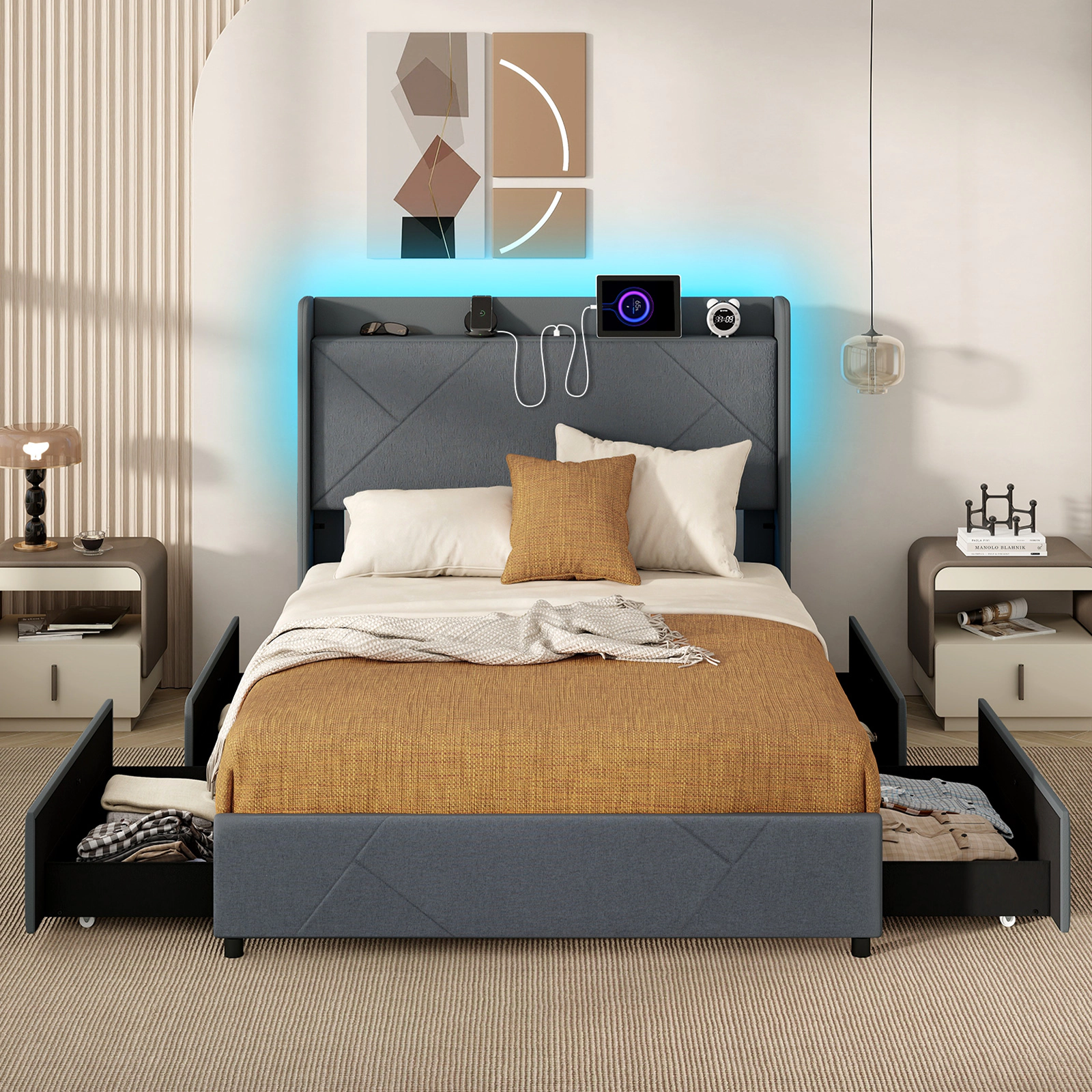 SUGIFT Full Size Platform Bed with LED Lights, Charging Station, Storage Drawers and Grey Upholstered Headboard