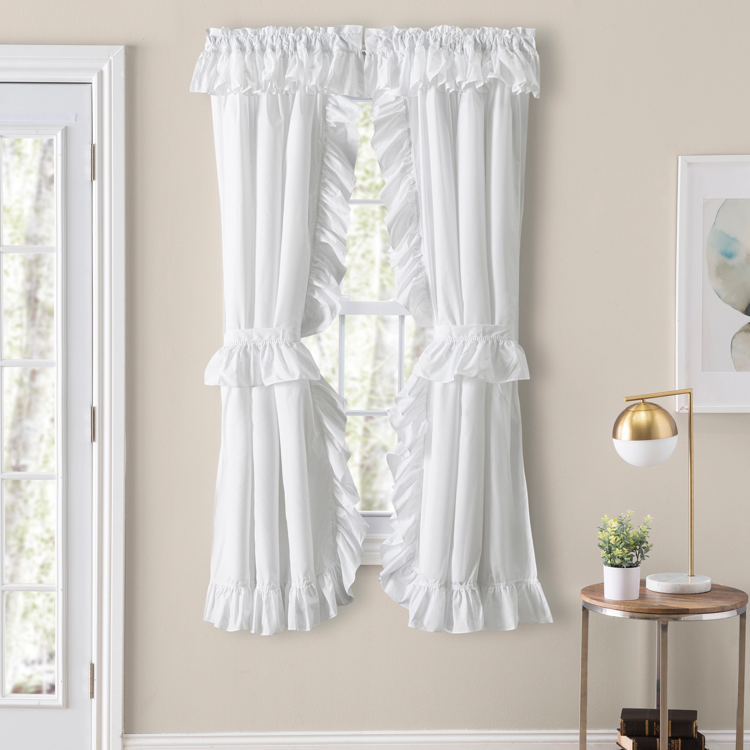 Ellis Curtain Classic Wide Solid Color Perma Press Ruffled Priscilla Curtain Panel With Ties 84" x 54" White