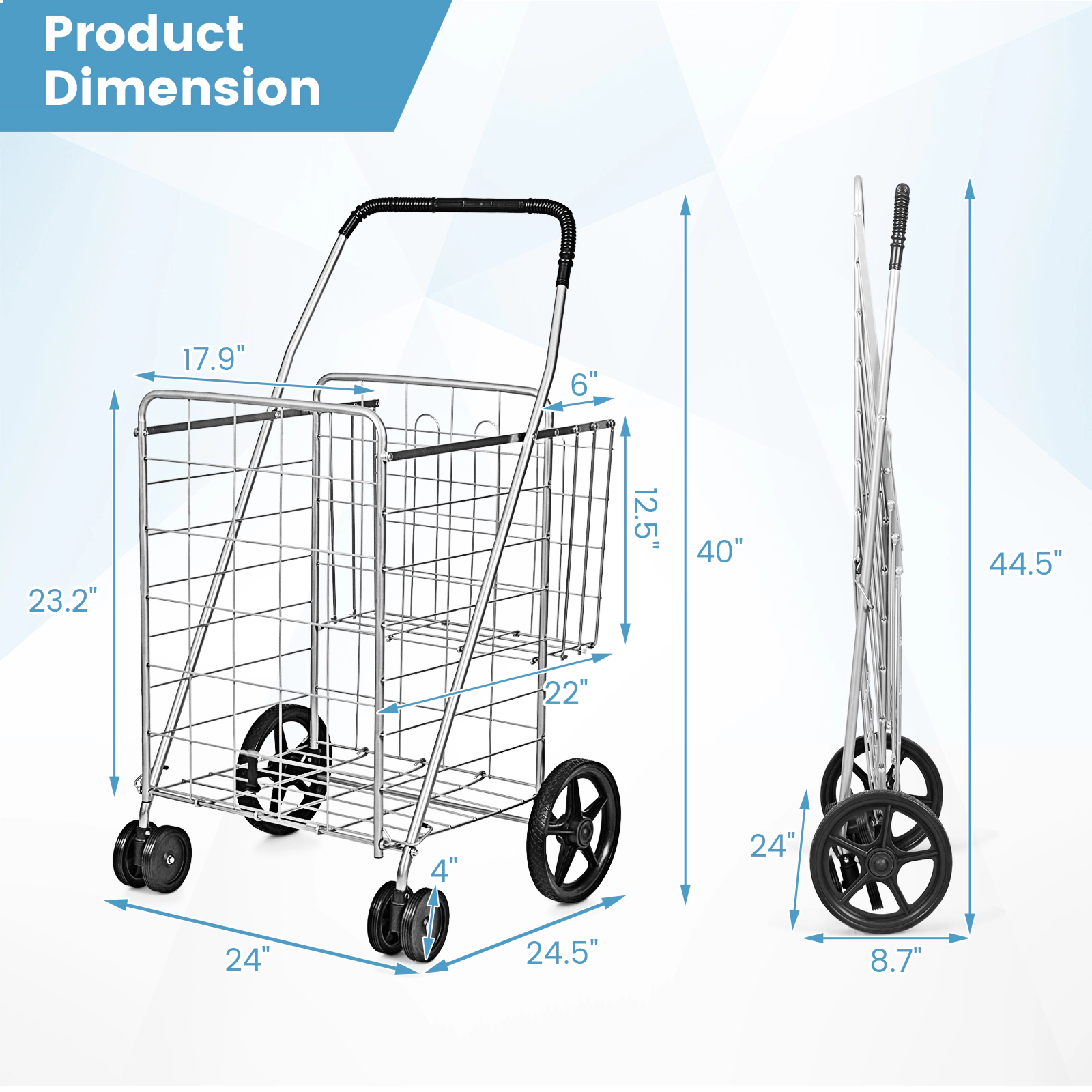 SUGIFT Folding Iron Shopping Cart for Laundry and Groceries with Swiveling Wheels 88-lb Capacity 40-in Tall Black