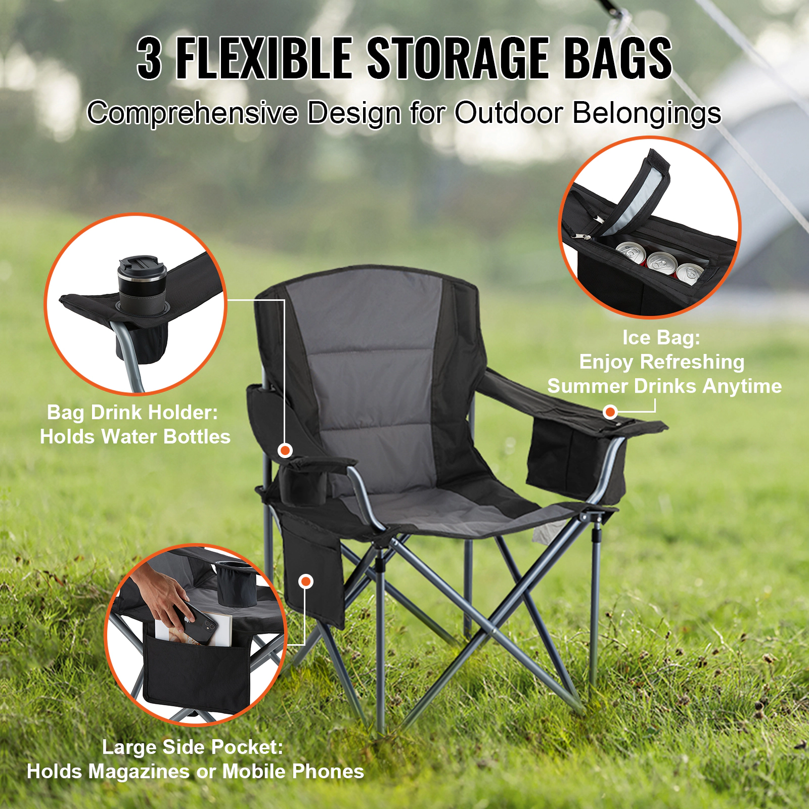 HONGGE Camping Folding for Portable Heavy Duty Outdoor Padded Chairs with Cup Bag for Fishing Black