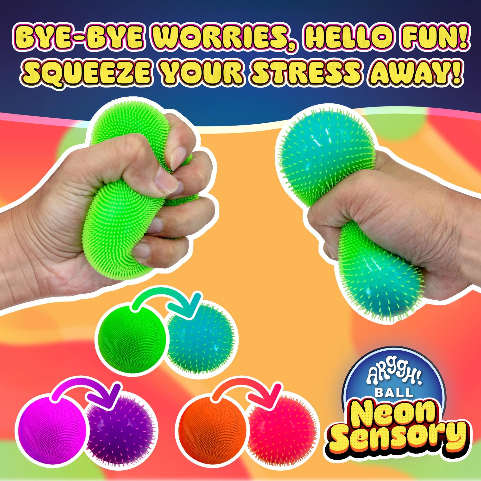 Power Your Fun 3-Pack Neon Sensory Squish Balls - Bright and Fun Stress Relief Toys For Kids