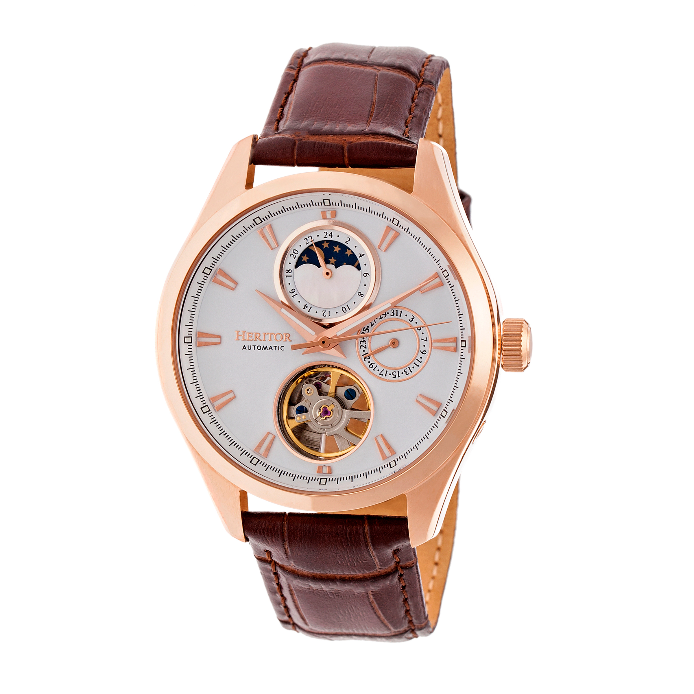 Heritor Automatic Sebastian Semi-Skeleton Leather-Band Watch