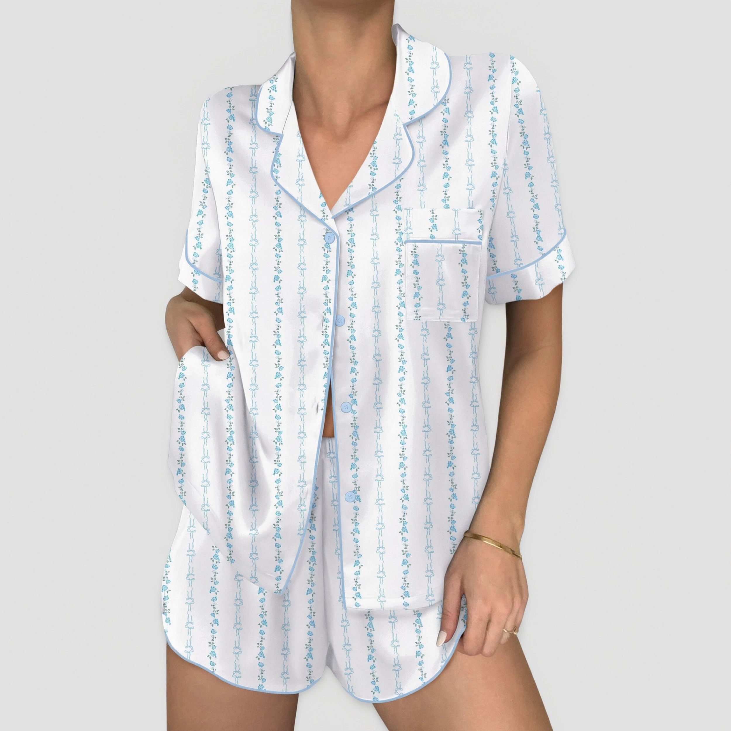 Ekouaer Womens Silk Satin Pajama Sets 2 Piece Button Down Shorts Short Sleeve Loungewear