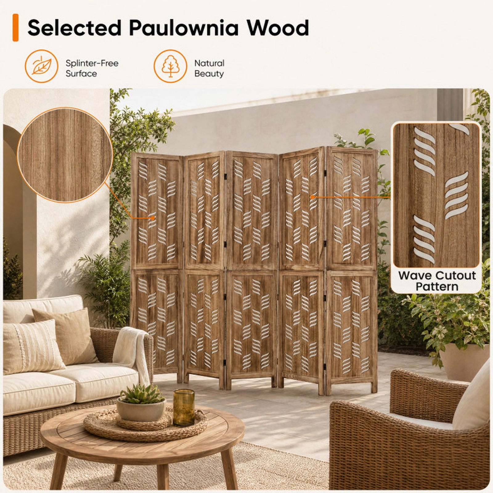 SUGIFT 6-Panel Paulownia Wood Room Divider Shelving Unit 95 x 67 in with Wave Cutouts 20.5-lb Net Weight Brown White