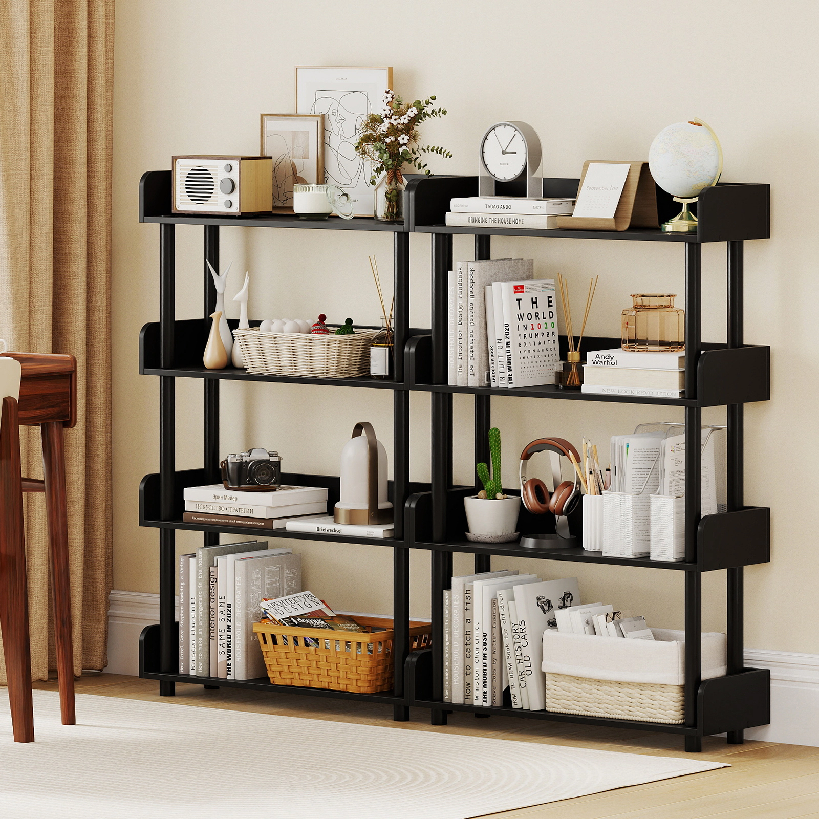 SUGIFT Black 4-Tier Open Bookcase with Anti-Tipping Kit and 4 in Guardrails