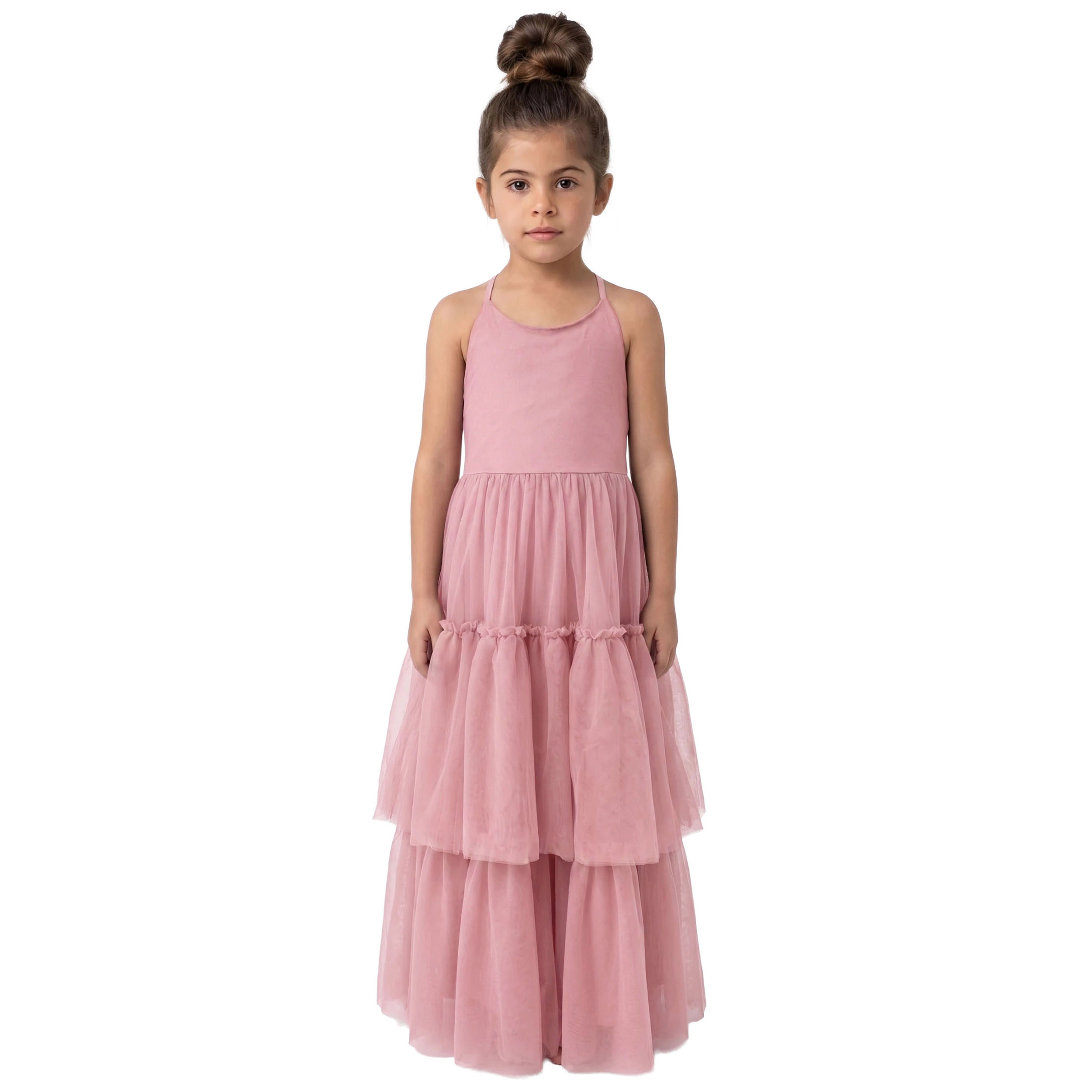 2Bunnies Girls Boho Tiered Tulle Maxi Dress with Crisscross Open Back