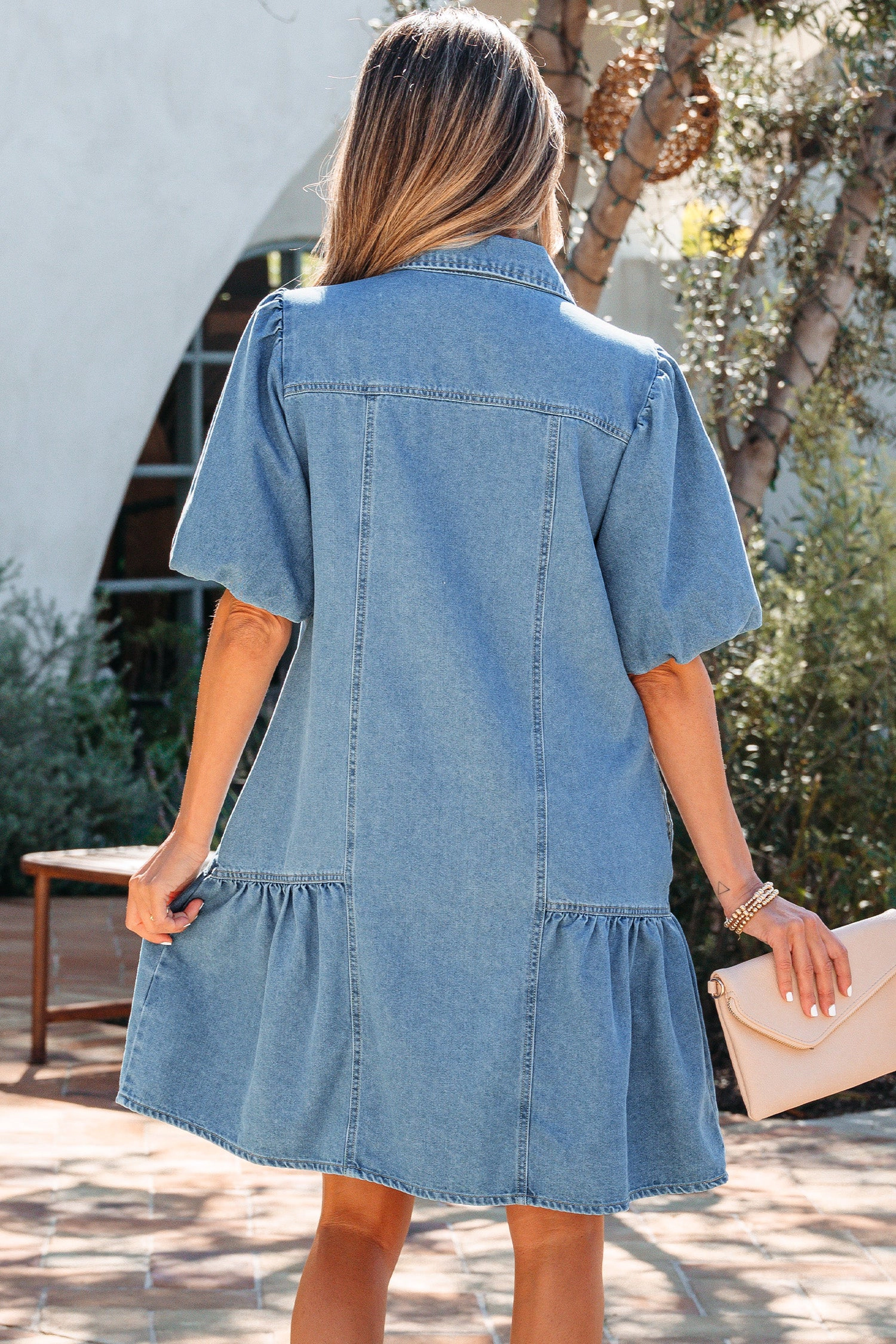 Threaded Pear Womens Joy Ruffle Hem Patchwork Denim Dress