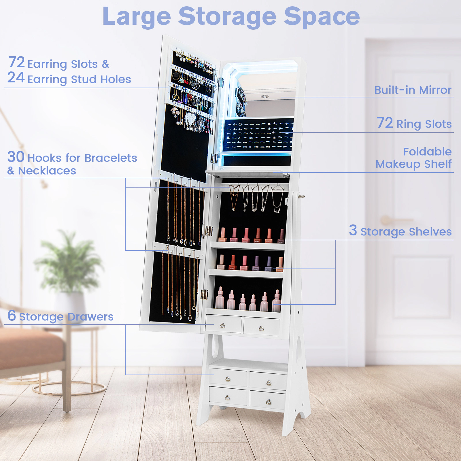 SlickBlue Jewelry Armoire with Full-Length Mirror and Drawers
