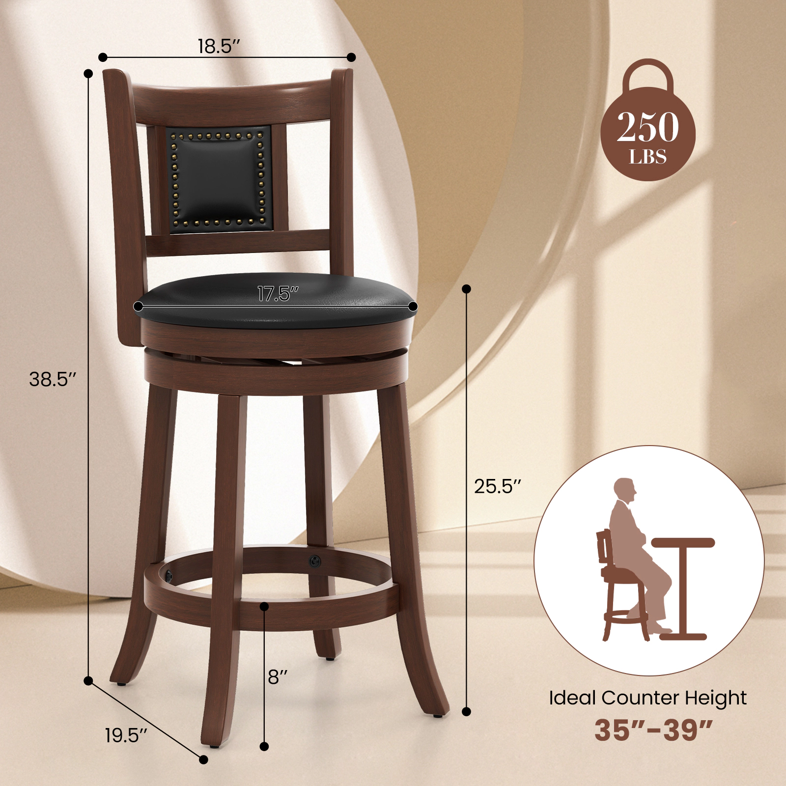 SUGIFT Swivel Upholstered Bar Stools Set of 2 with Curved Backrest and Footrest 250-lb Capacity Espresso & Black