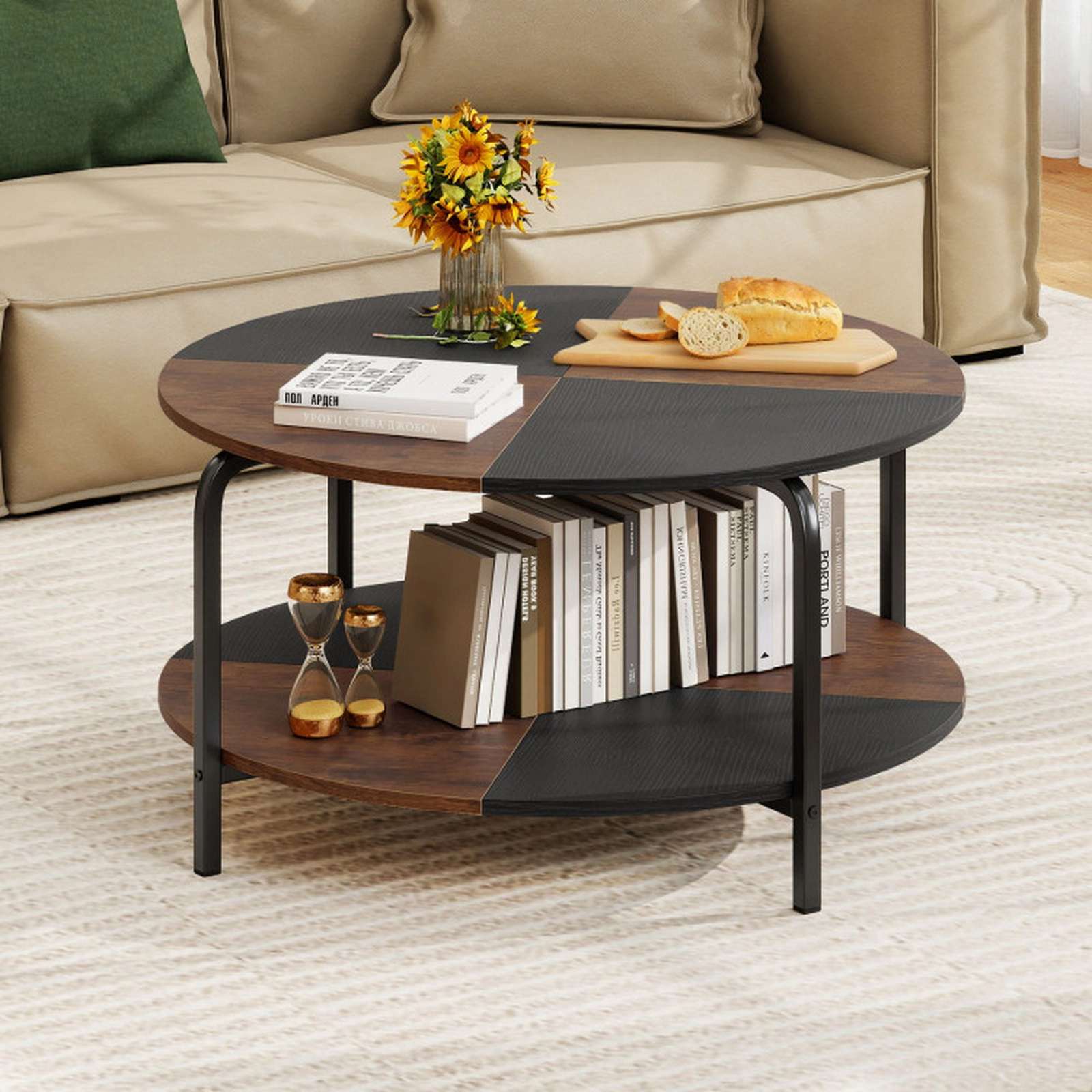 SUGIFT 2-Tier Round Coffee Table with Split-Color Top 220-lb Tabletop Capacity Rustic Brown & Black