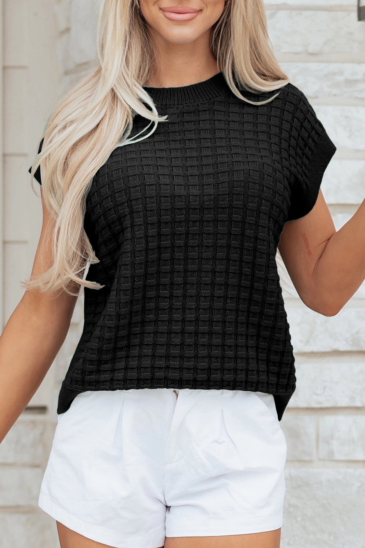 19092 Threaded Pear Marina Textured Short Sleeve Sweater - Black