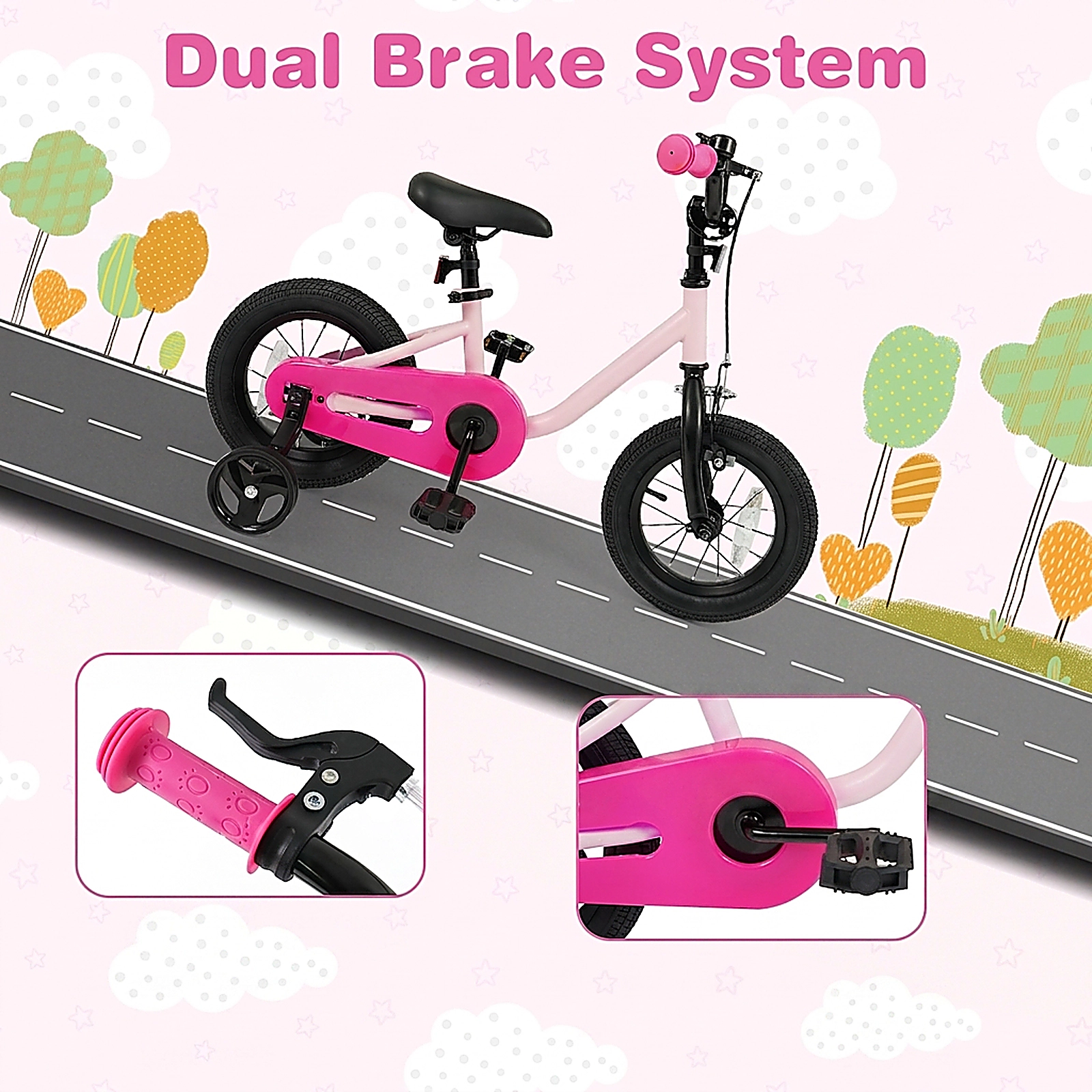 SUGIFT Adjustable Kids Bicycle with Training Wheels 110-lb Seat Capacity Ages 3-4 Years 35-in Frame Pink 12-Inch Wheel
