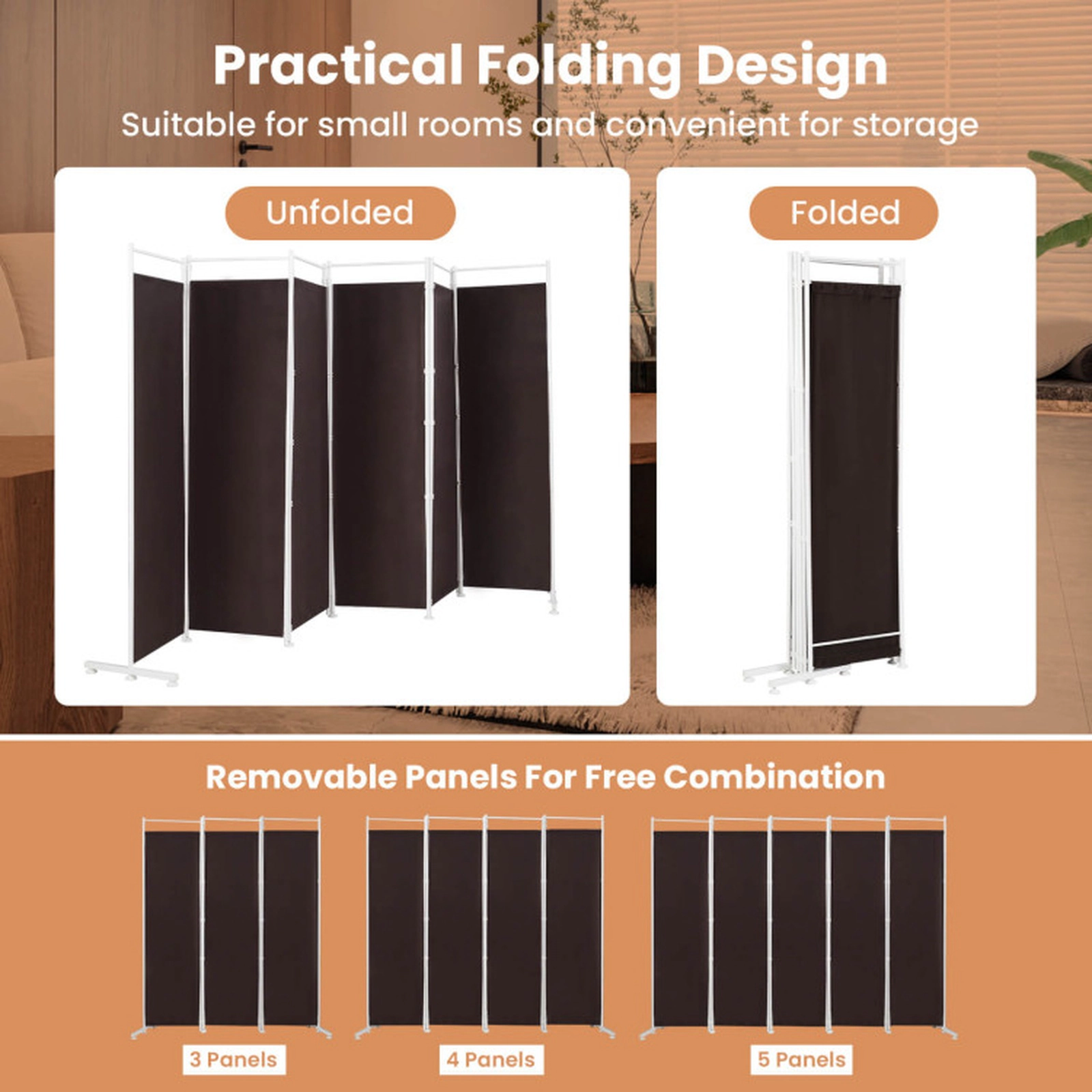 SUGIFT 6-Panel Room Divider Privacy Screen Shelving Unit 10-ft Wide 6-ft Tall Polyester Steel Frame 23.8-lb Brown