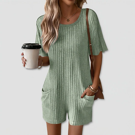 Ekouaer Women's Crew Neck Short Sleeve Ribbed Knit Romper with Pockets