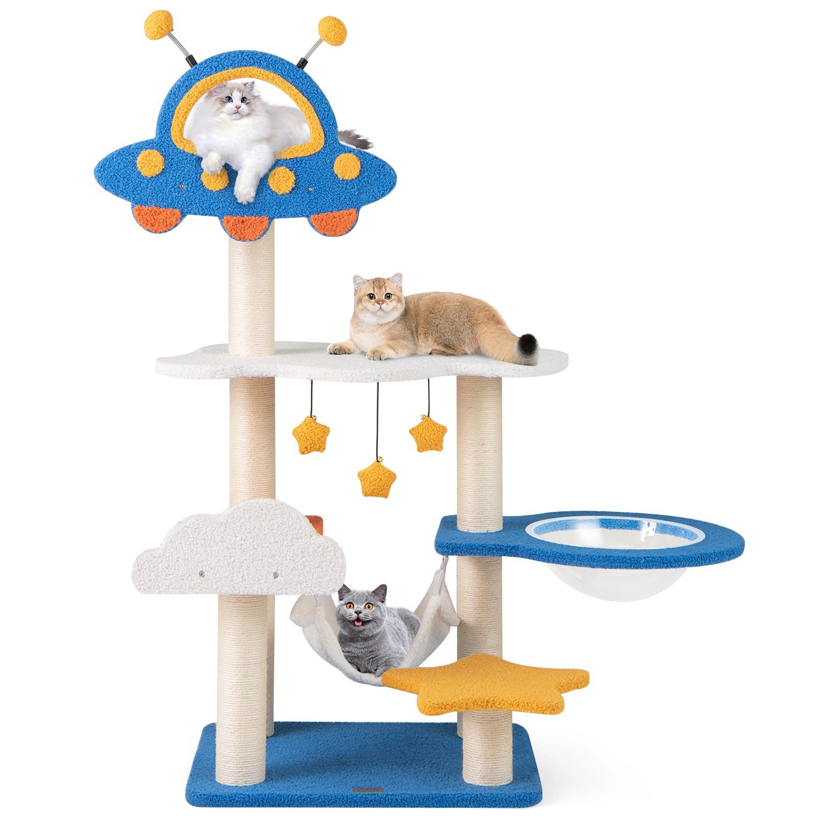 Glintex 49-Inch Space-Themed Cat Tree with UFO Top Perch and Transparent Capsule, Blue