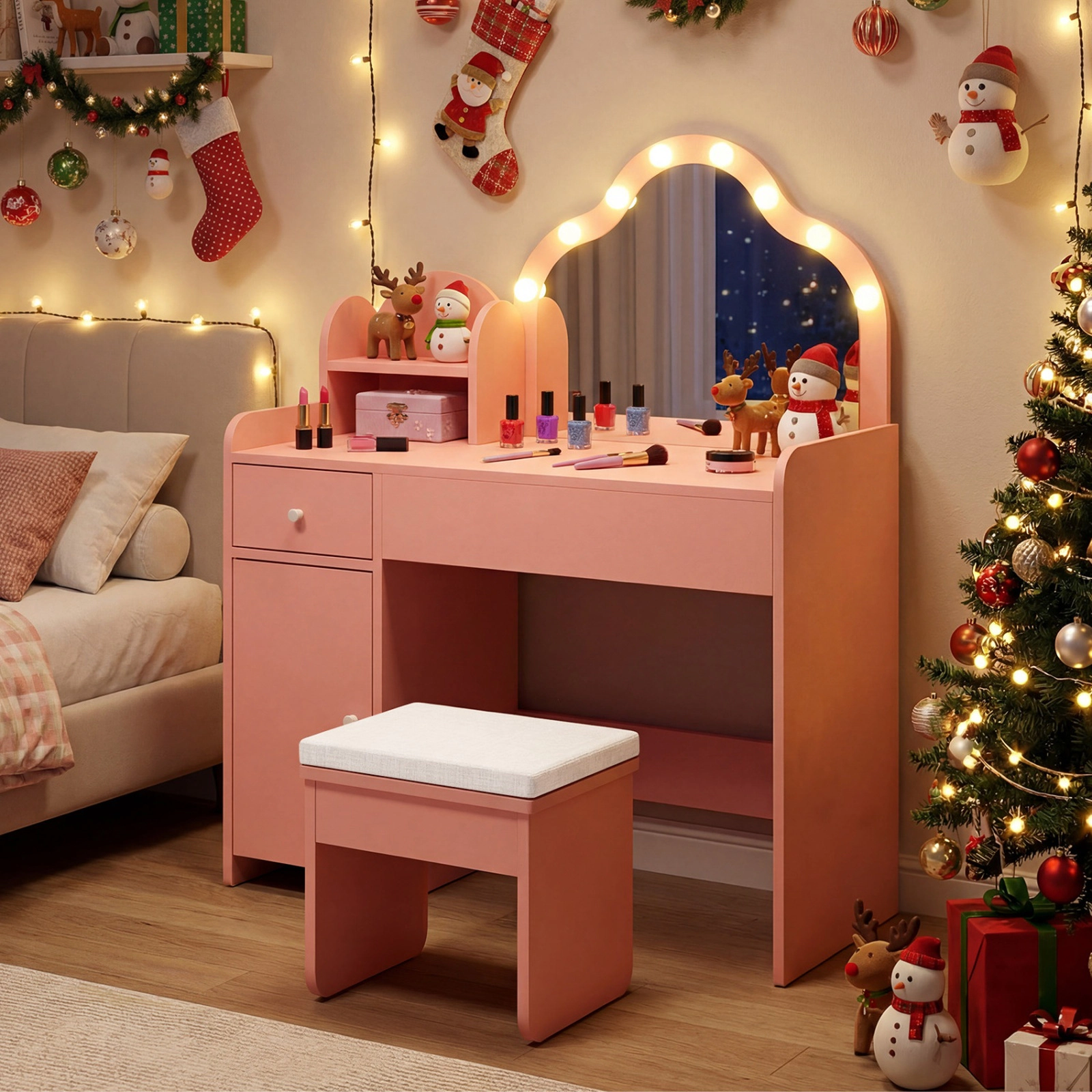 SUGIFT Pink Lighted Mirror Side Cabinet Adjustable Shelf and Stool Kids Vanity Desk