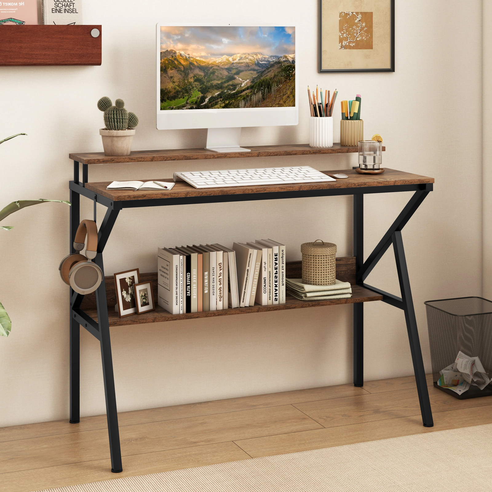 SUGIFT Space Saving Computer Desk with Monitor Stand and Extra Storage Shelf 200-lb Tabletop 55-lb Shelf Rustic Brown